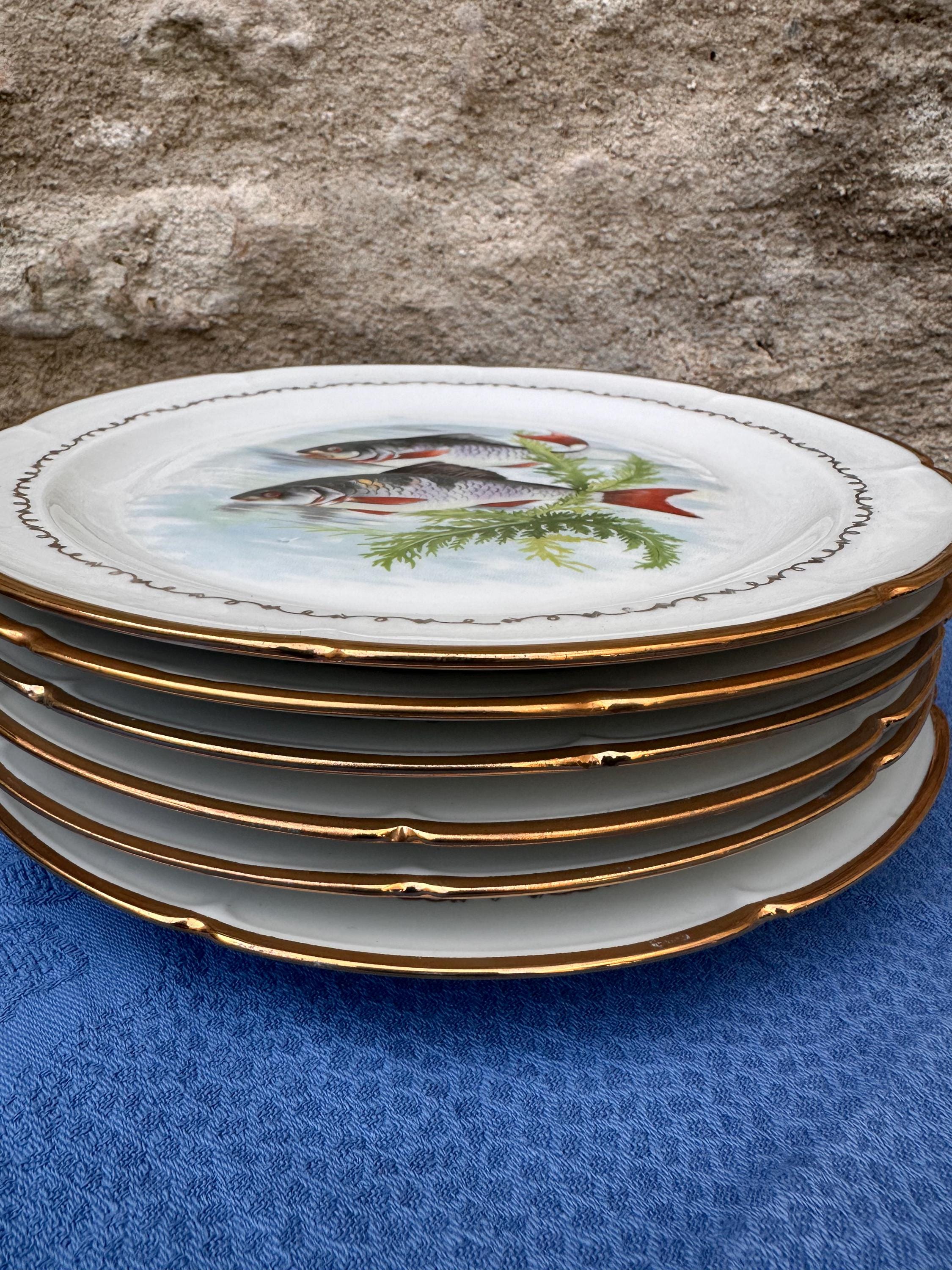 6 assiettes à poisson anciennes en porcelaine – Décors aquatiques