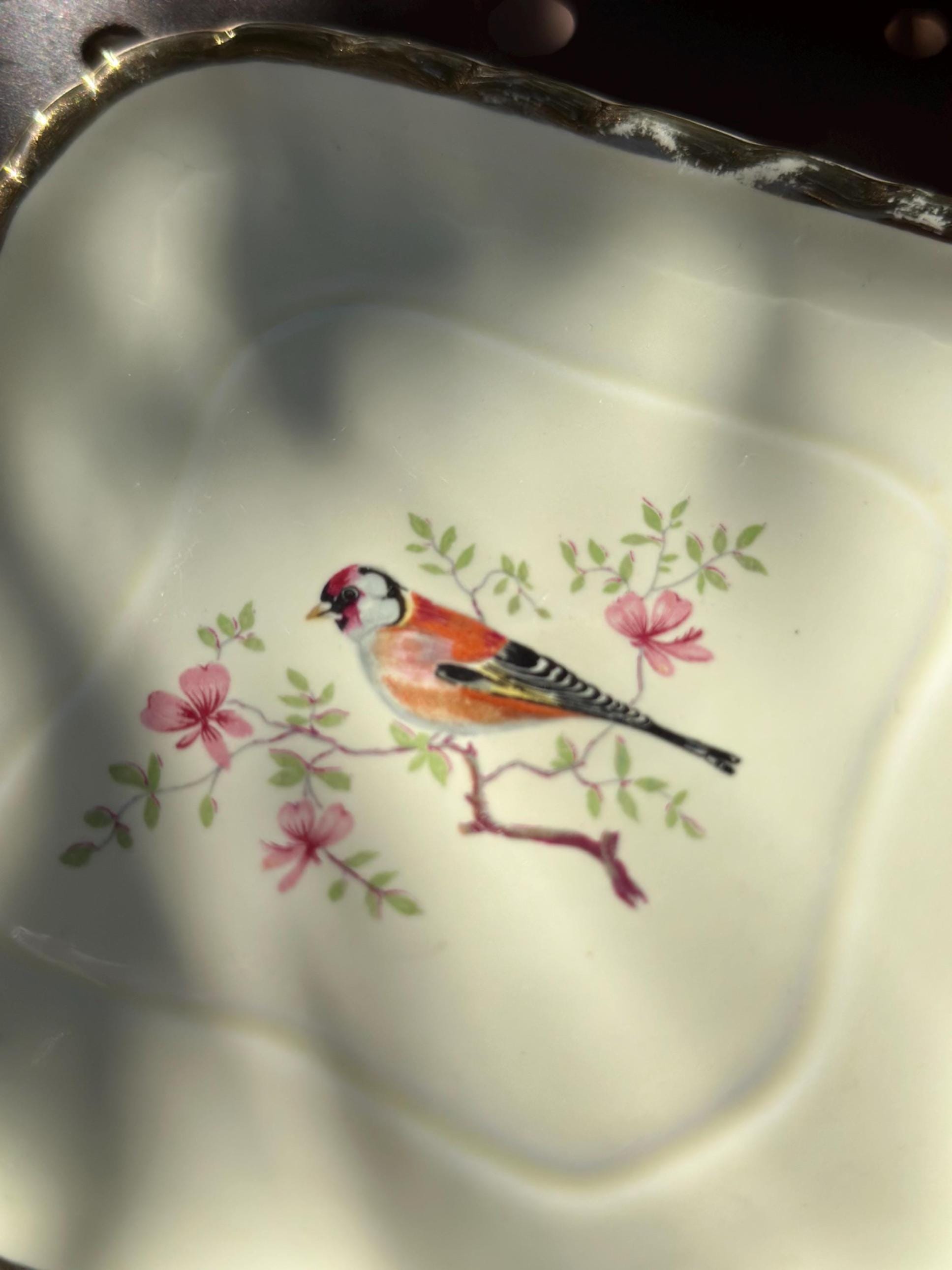 Salins - Bottle Coasters SALINS France vintage – Earthenware and Gilt Edge with goldfinch and floral decoration - set of 2