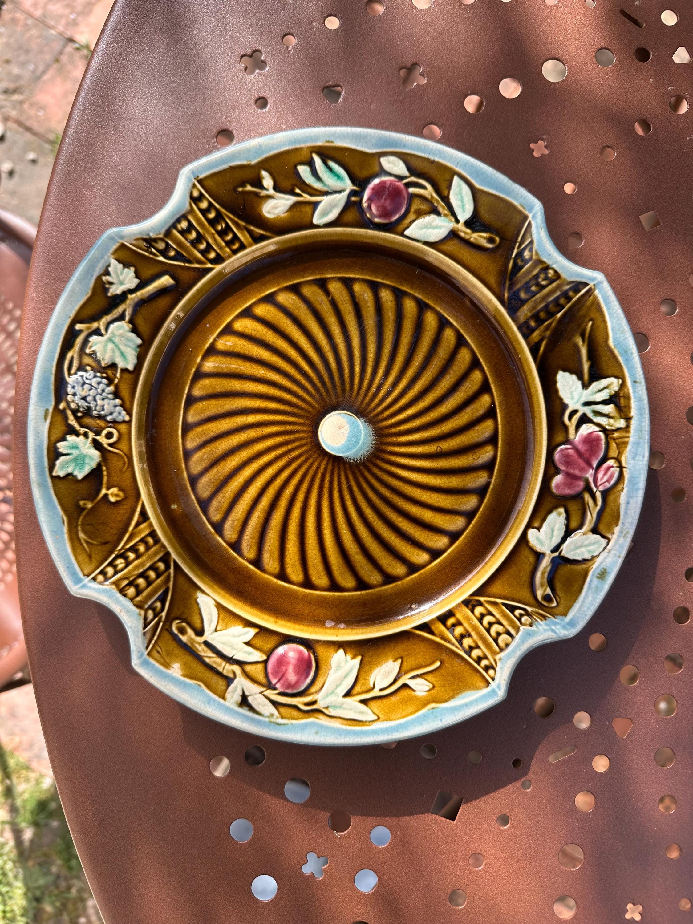 Antique majolica plate – Brown and turquoise tones, fruit motif