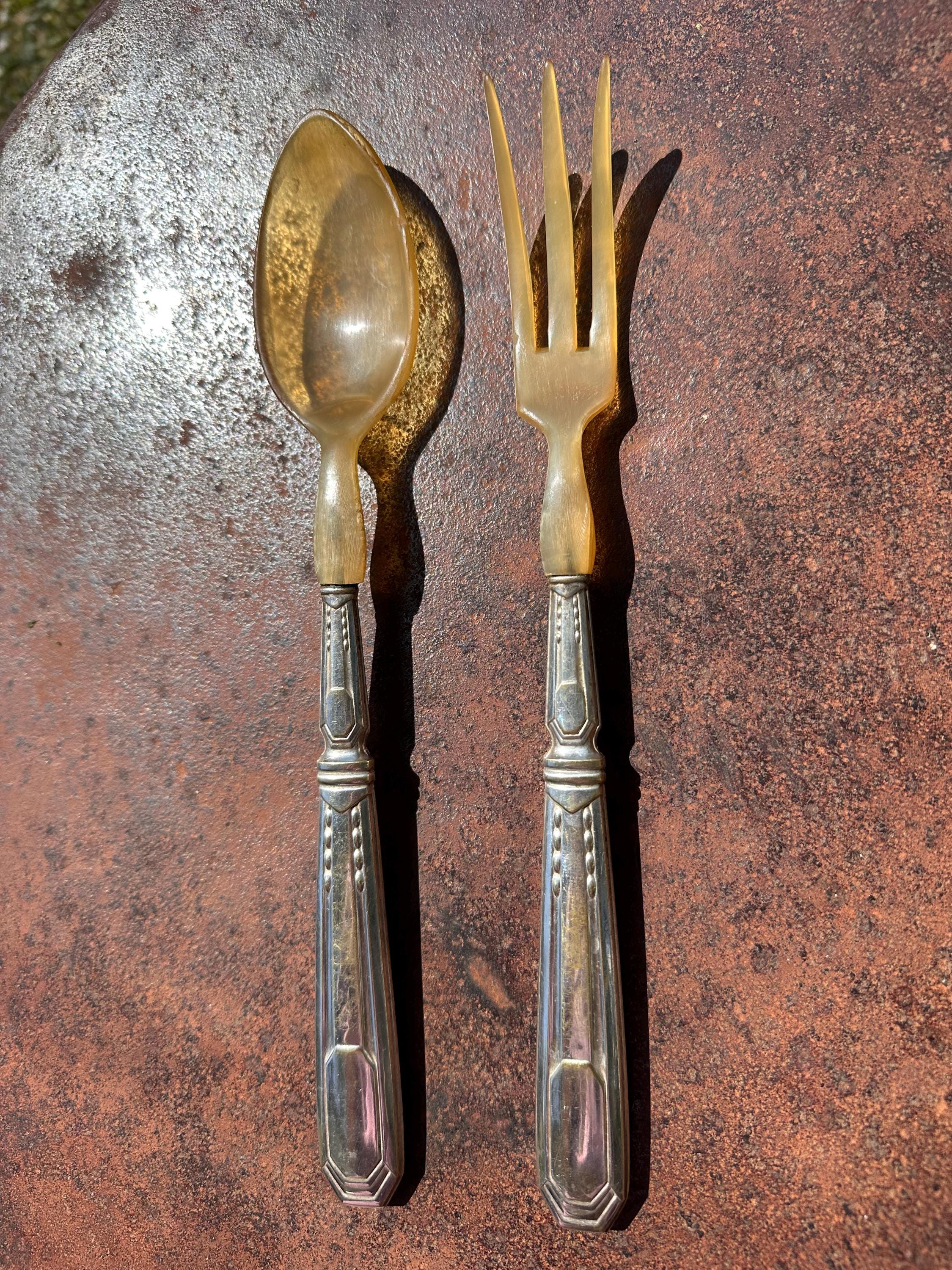 Antique Art Deco Salad Servers - Silver Plated Weighted Handles and Genuine Horn Tops - Chic Vintage Tableware