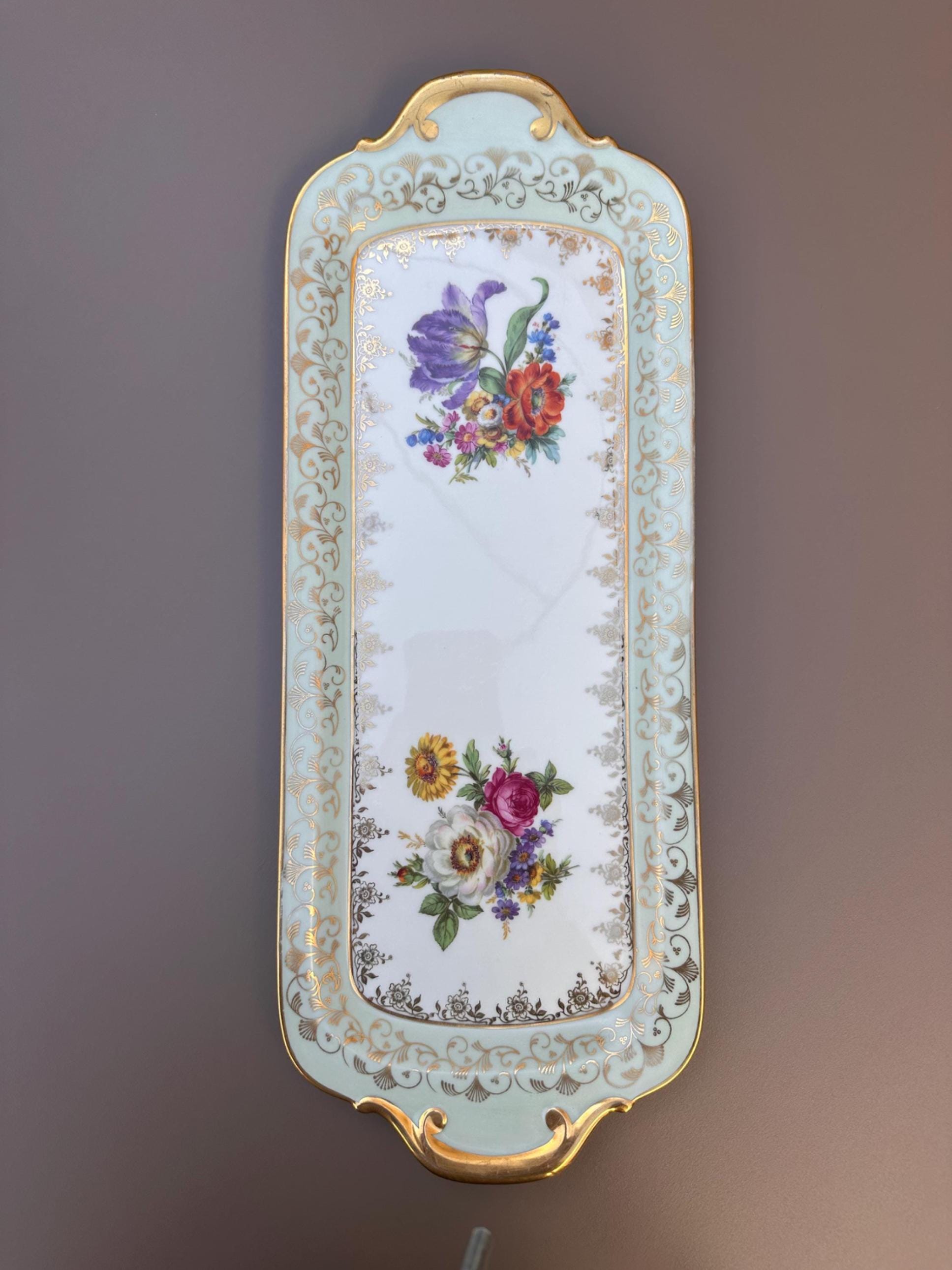 Antique Saxon porcelain cake dish – Floral and gold decoration