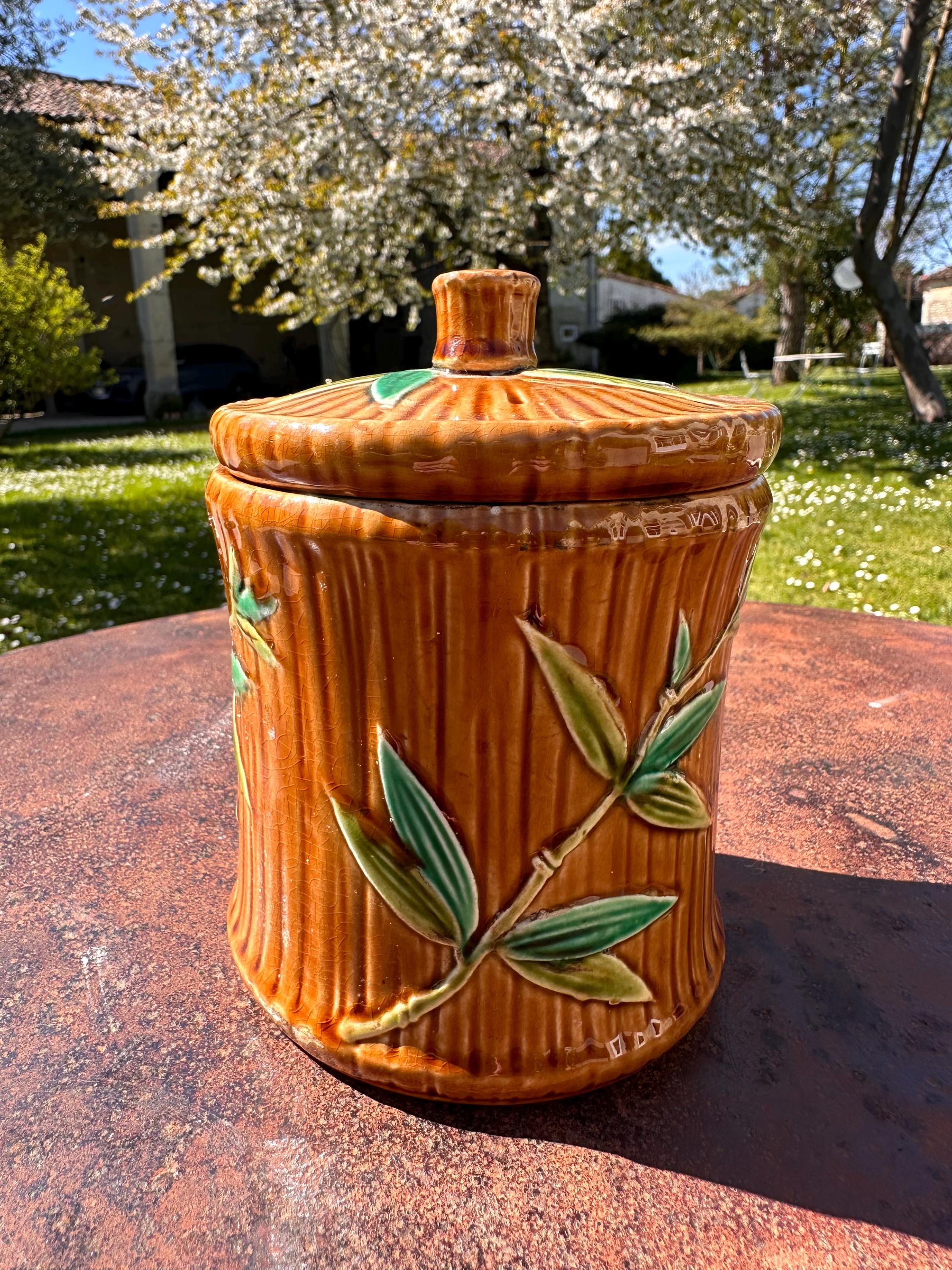 Antique Sarreguemines majolica tobacco jar – Bamboo model