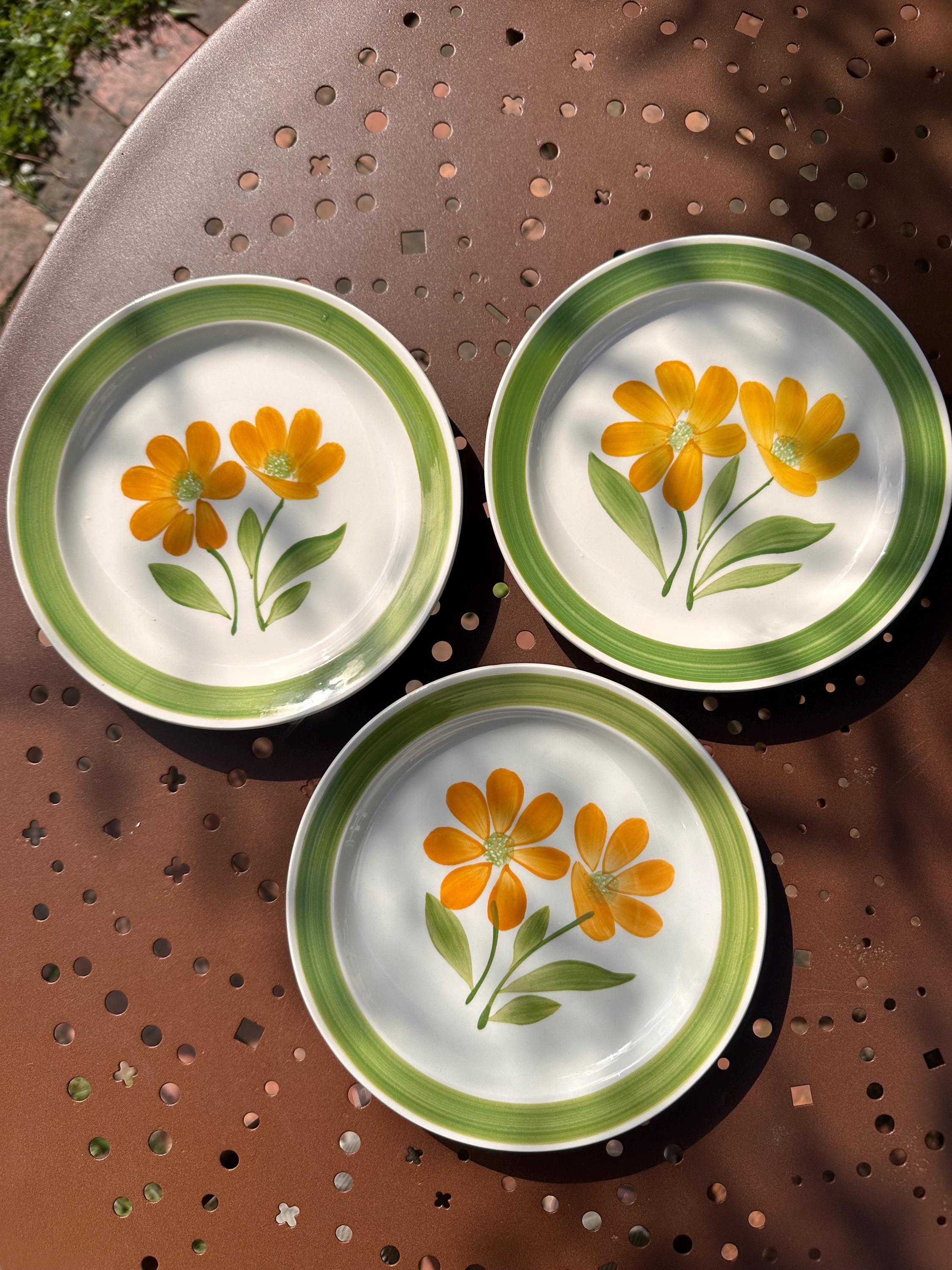 Lot de 3 Assiettes Vintage Années 70 "Décor Avallon", Fleurs Orange & Vert