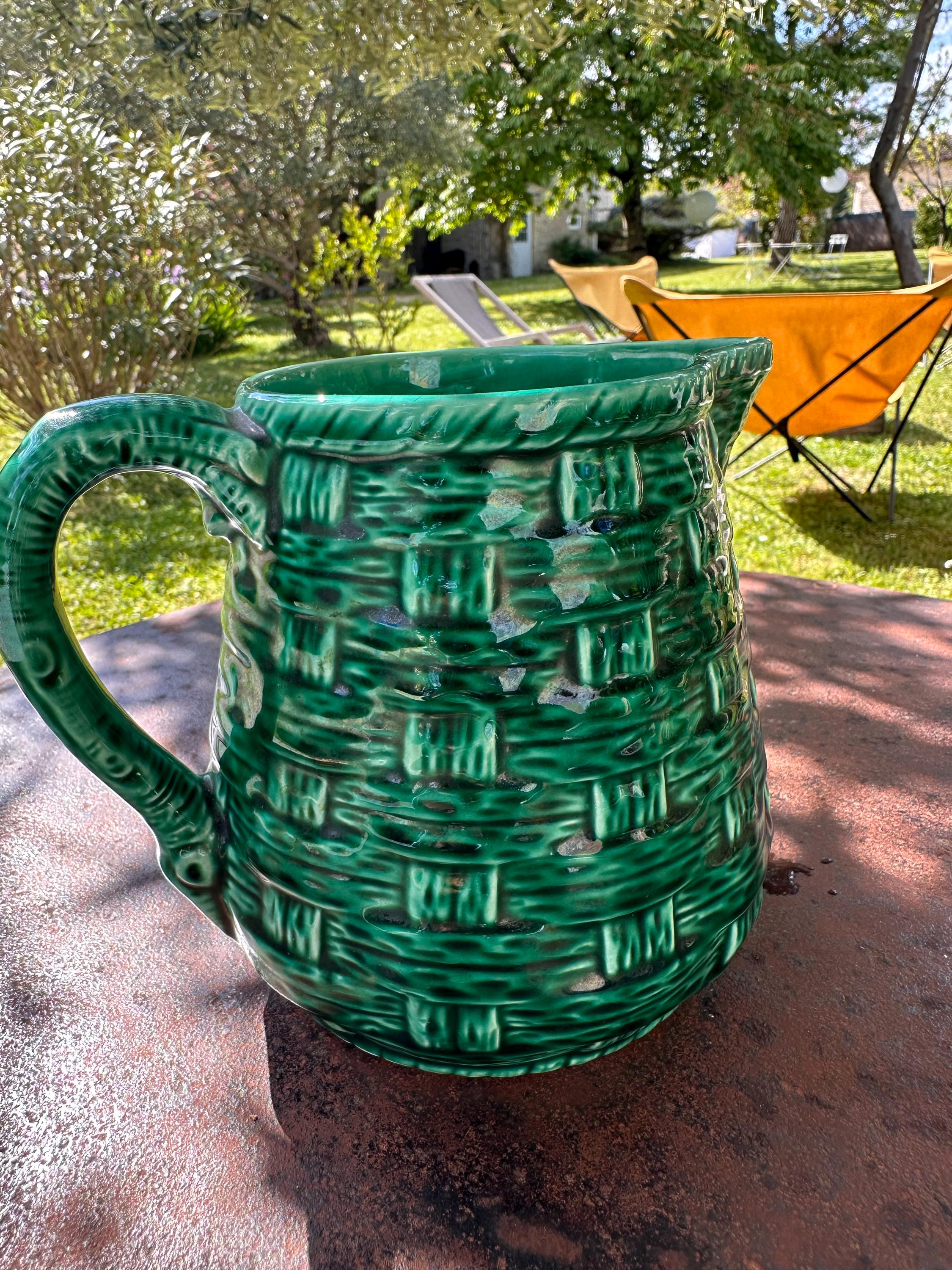 Digoin & Sarreguemines green enameled pitcher – Woven basket effect