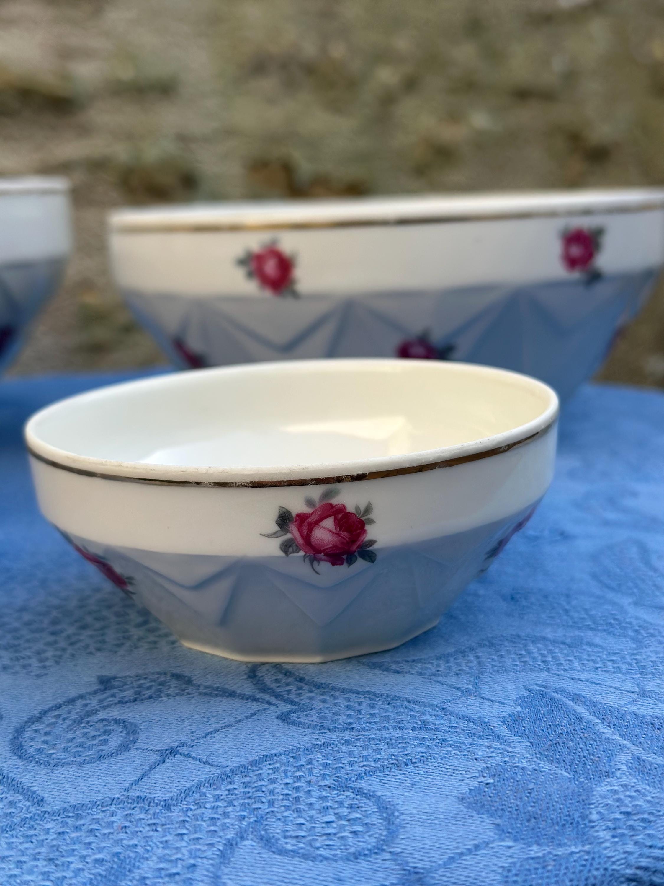 Set of 4 Vintage Porcelain Faceted Nesting Bowls with Rose Decor