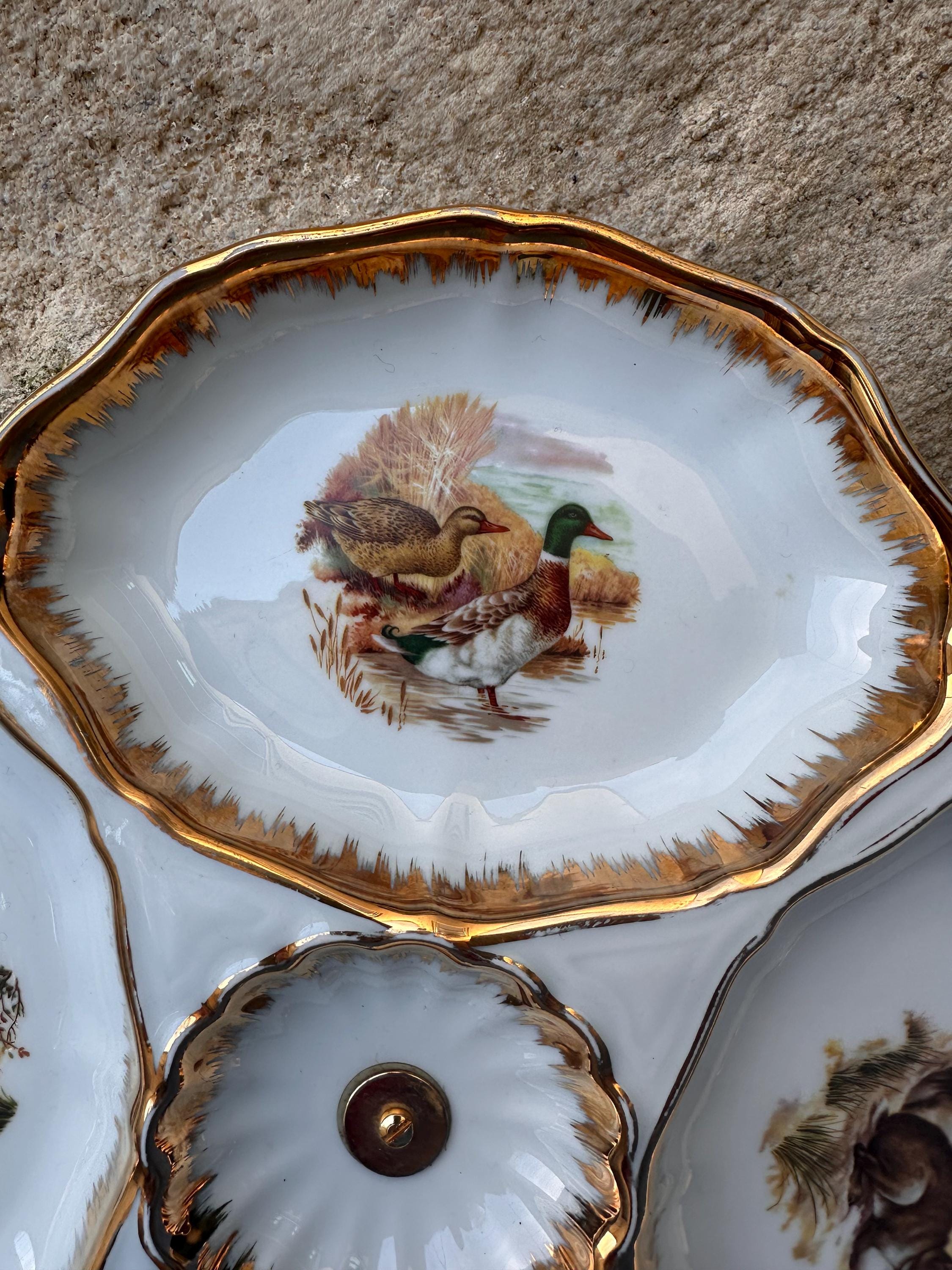 Divided Serving Dish French Porcelain SP – Game & Wildlife Decor – Fine Gold Rim – Vintage Chic