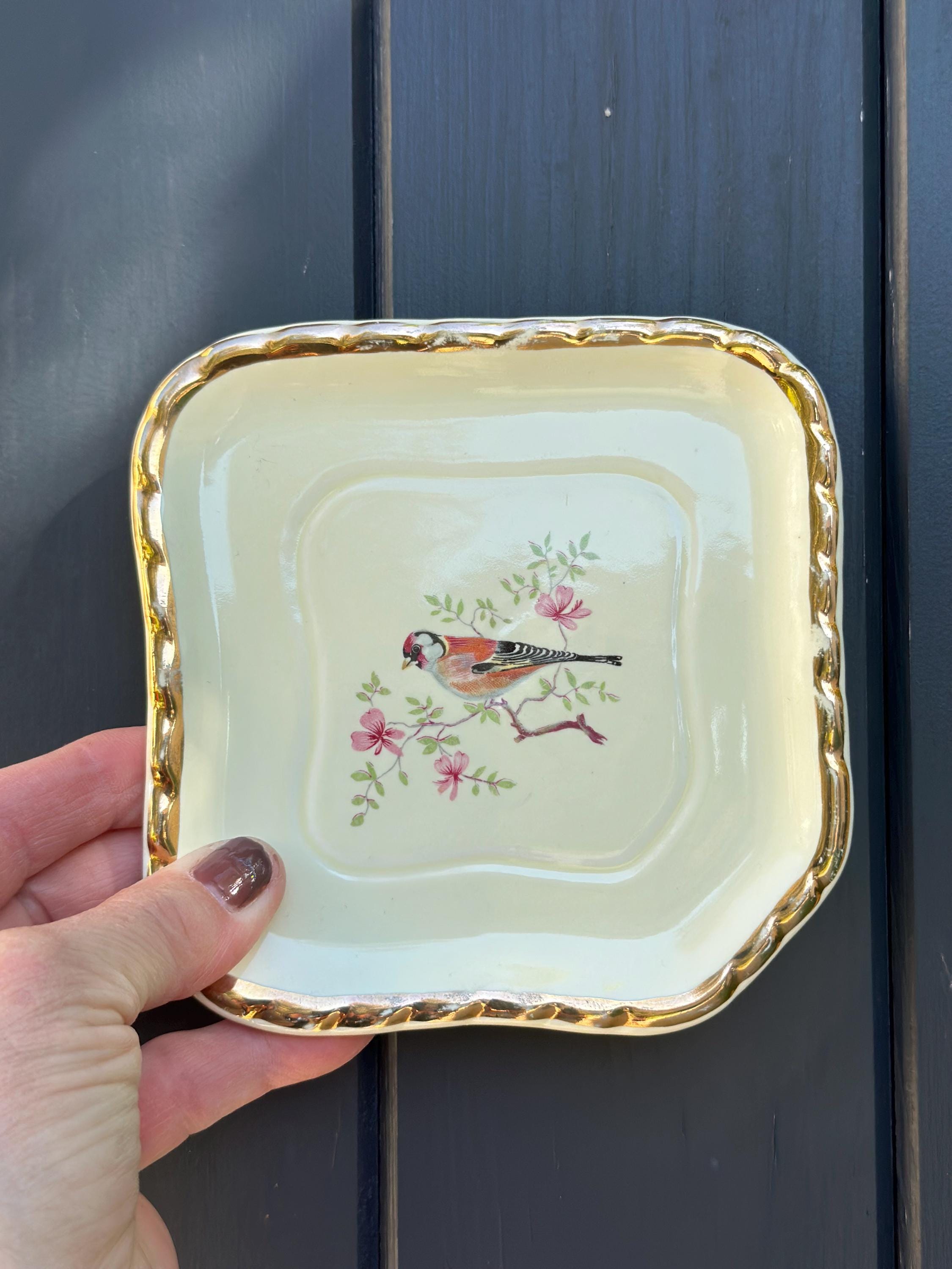 Salins - Bottle Coasters SALINS France vintage – Earthenware and Gilt Edge with goldfinch and floral decoration - set of 2
