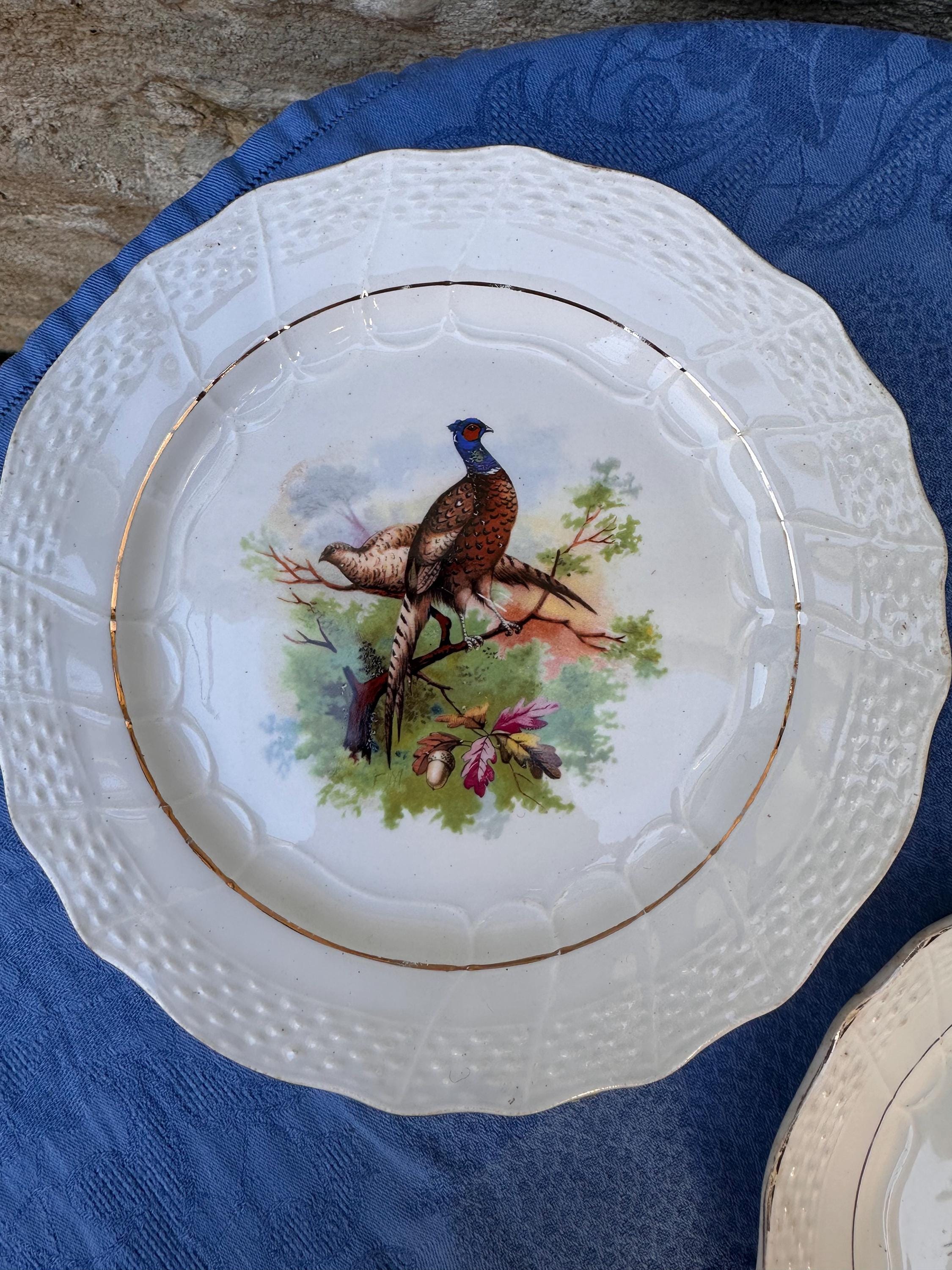8 antique Moulin des Loups dessert plates – Pheasants design