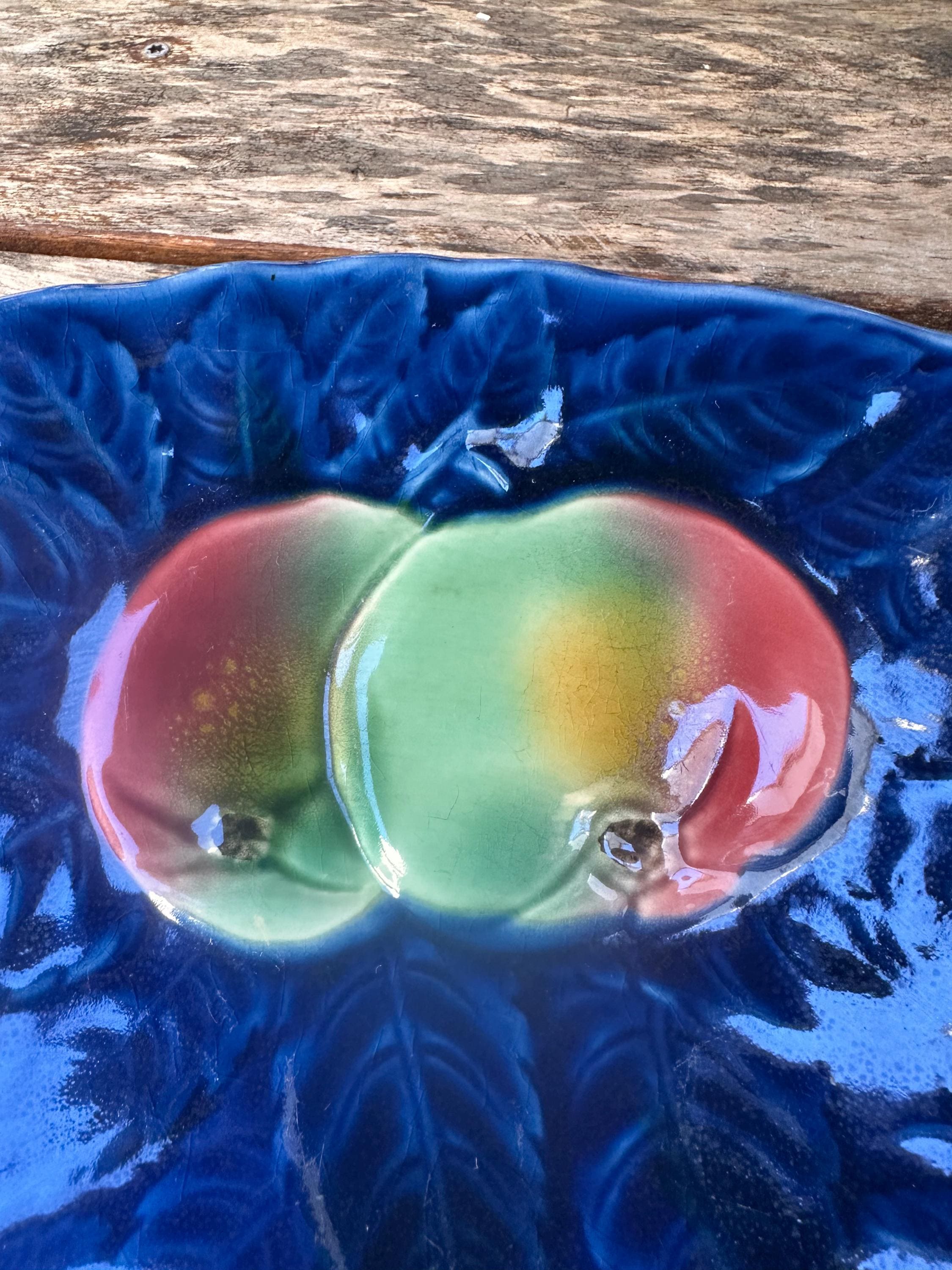 Antique Sarreguemines majolica dish – Fruit decor, cobalt blue