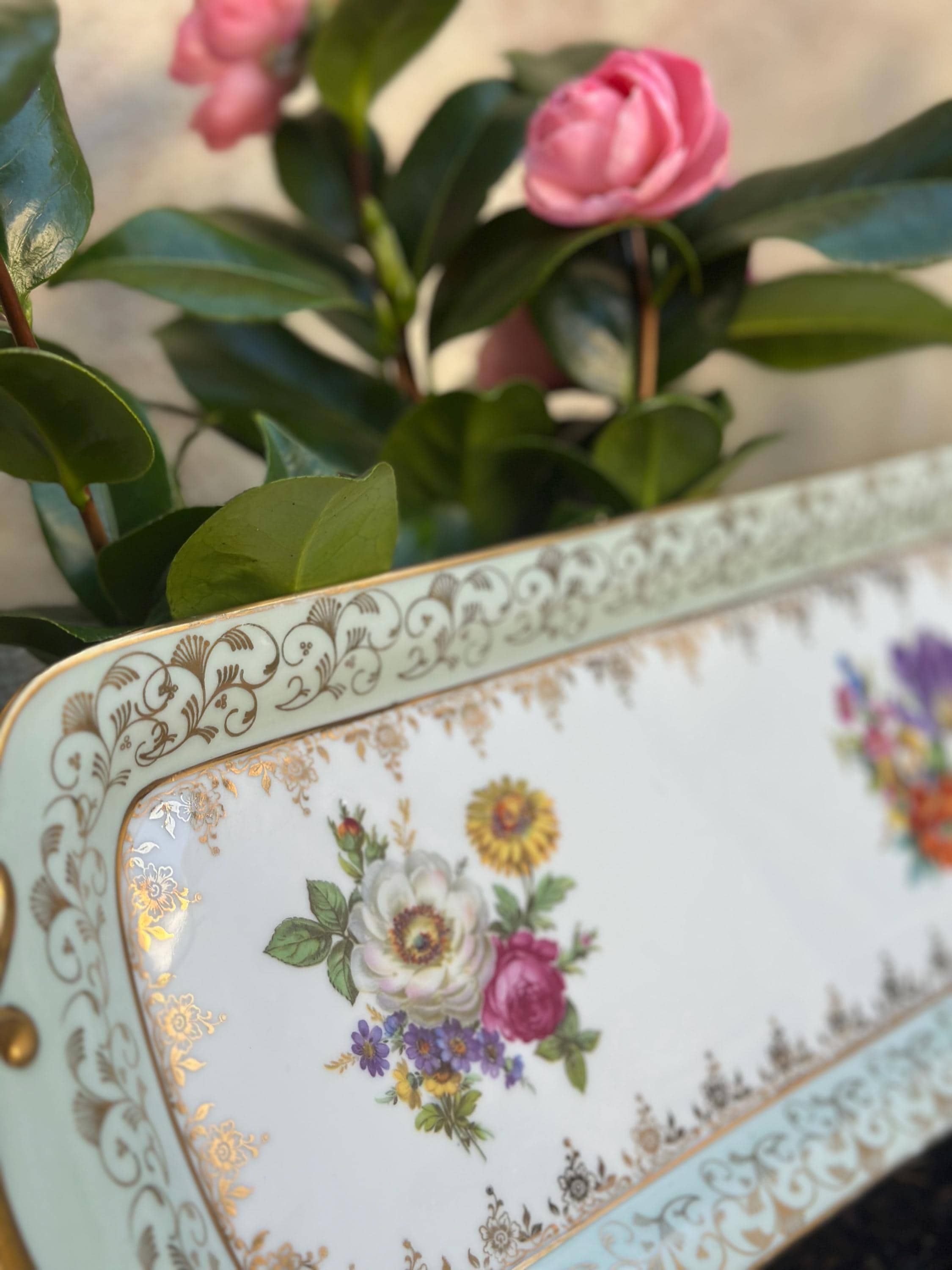 Antique Saxon porcelain cake dish – Floral and gold decoration