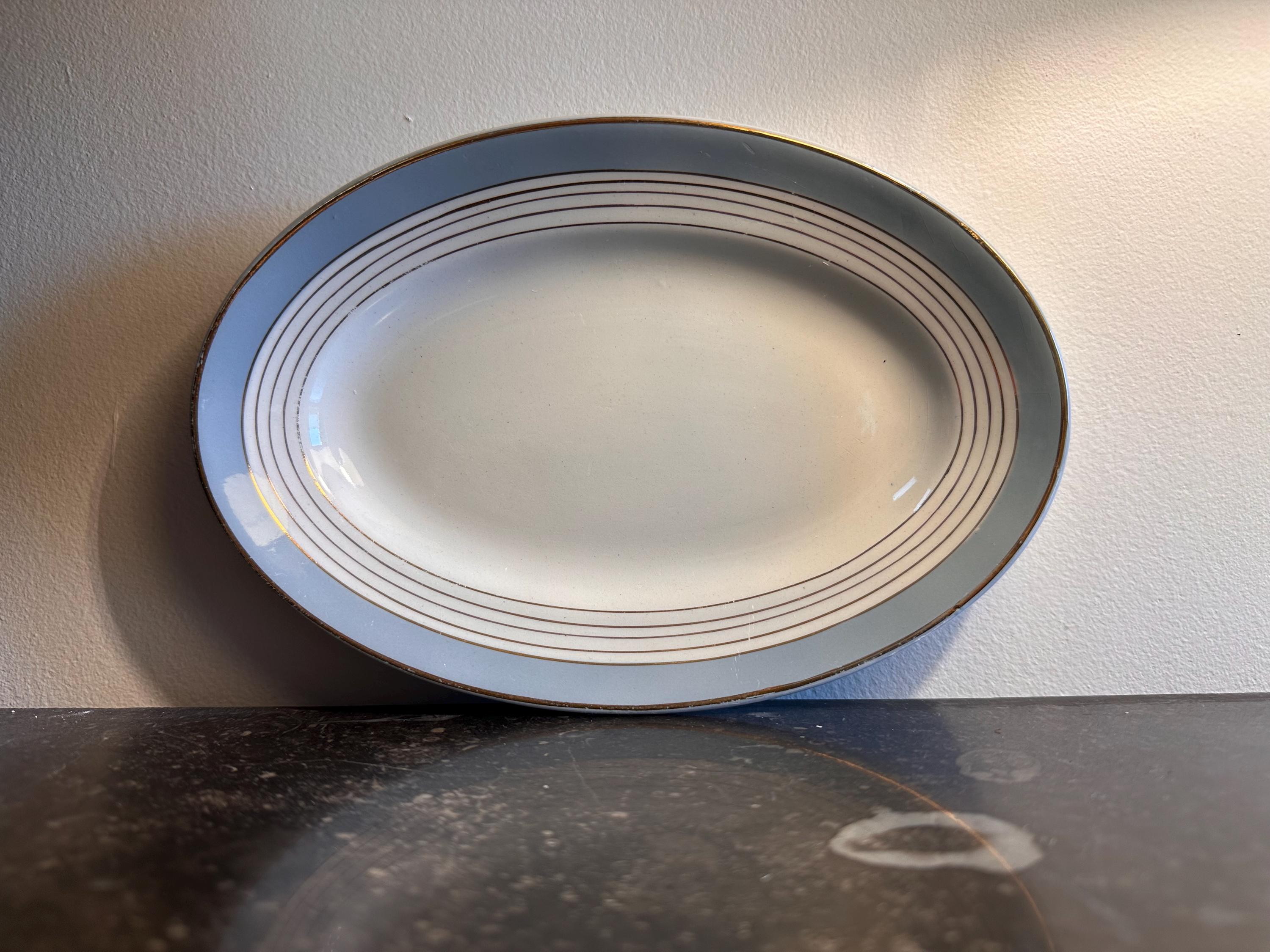 Raviers coupelles Vintage Lunéville K&G – Modèle Art Déco Demi-Porcelaine à Filets Or et Bande Bleue – France, Années 30/40 - lot de 2