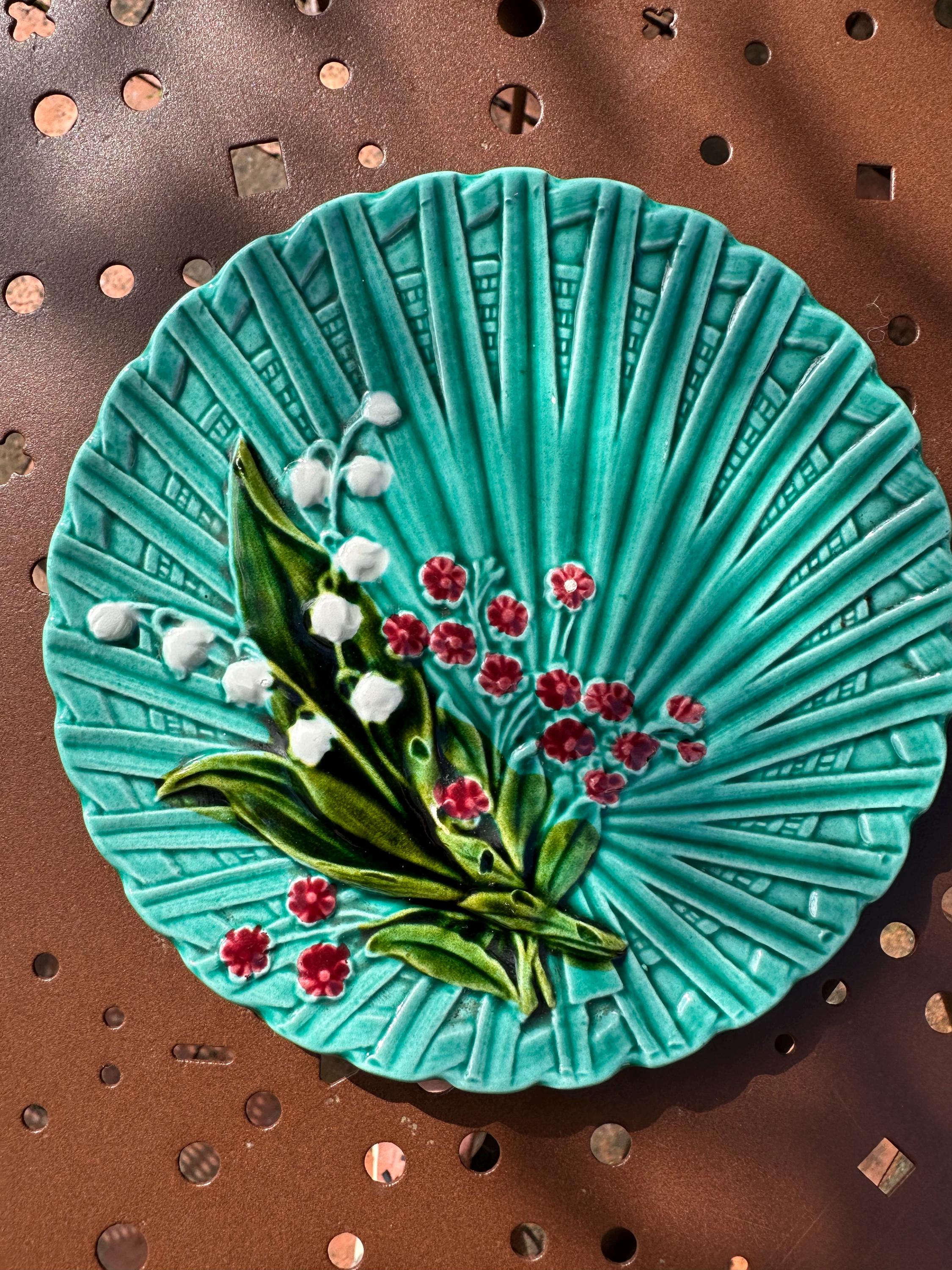 Antique Schramberg majolica plate in green – Lily of the Valley in relief
