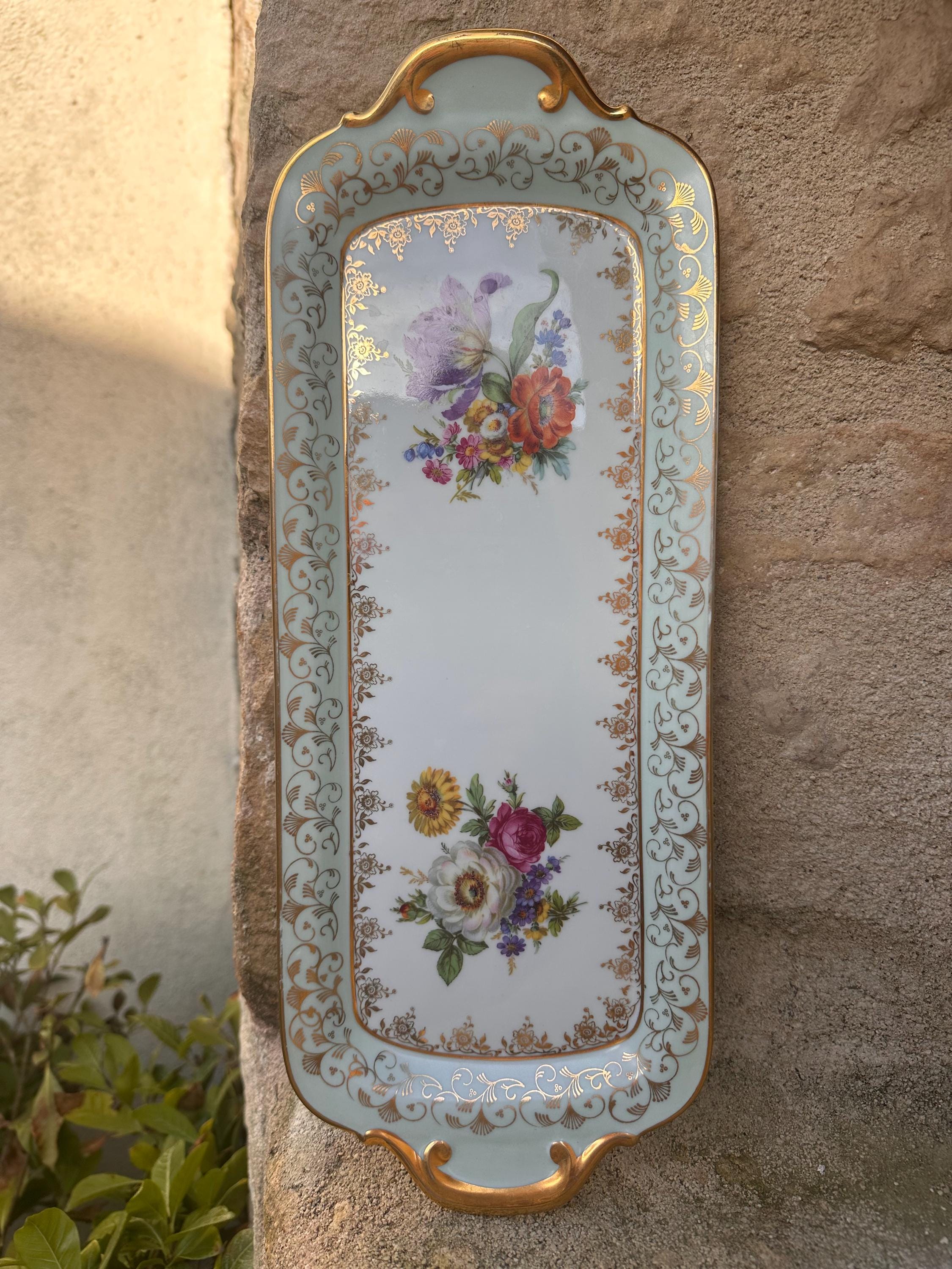 Antique Saxon porcelain cake dish – Floral and gold decoration