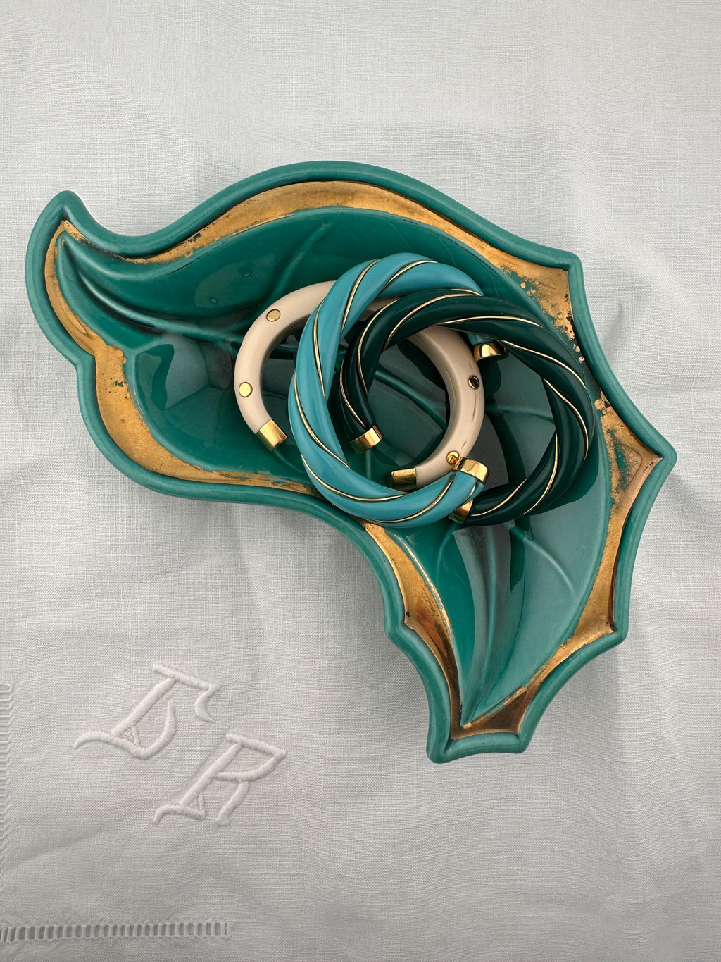 Ravier Coupelle Feuille Vintage -Céramique Vert Émeraude et Or-Vide-poche Années 50 - Made in France - Vallauris Verceram -lot de 2