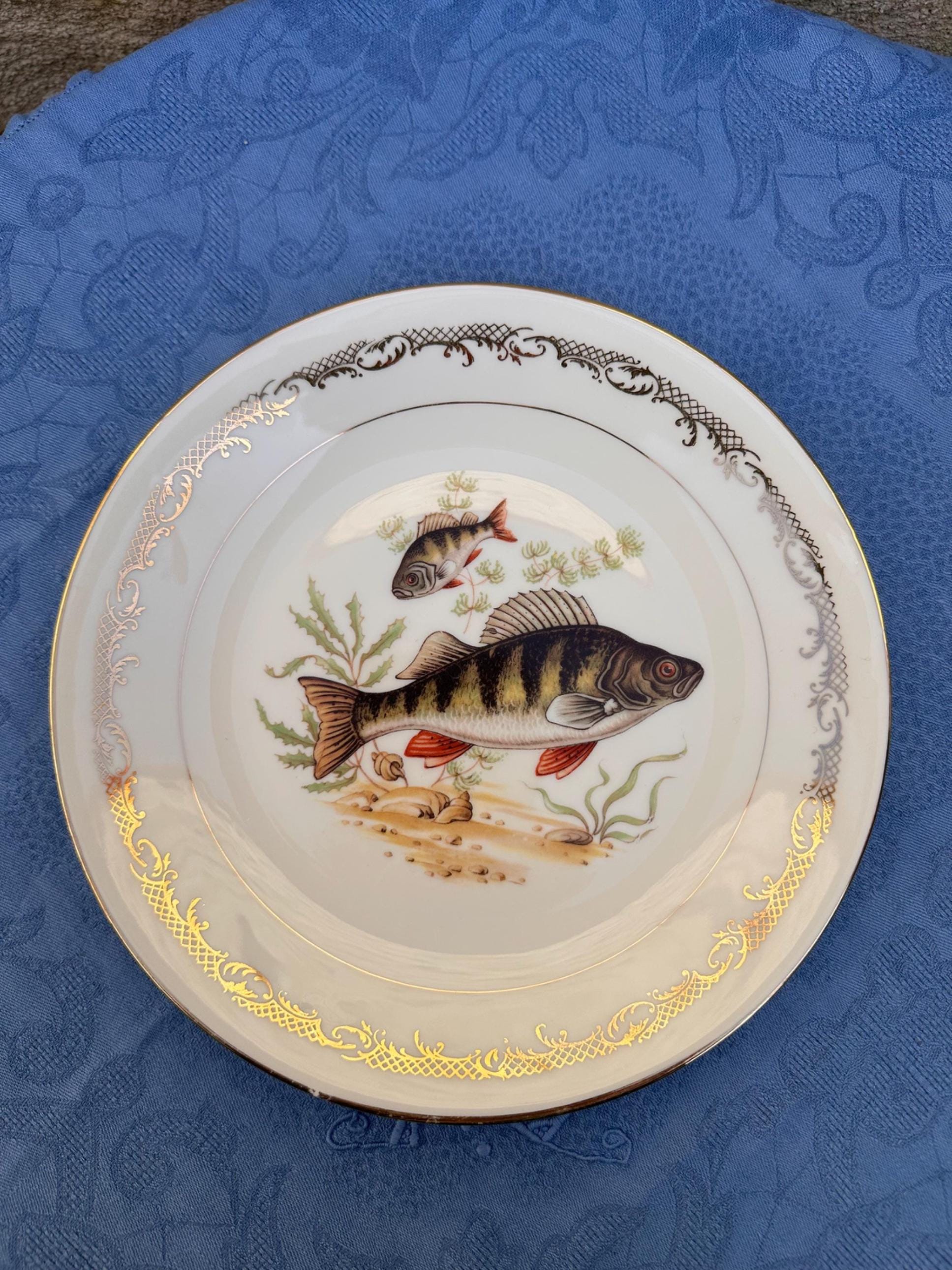 Vintage Limoges Porcelain Fish Plates – Limoges Enamel, Freshwater Fish Motif and Gilt Rim - Set of 7