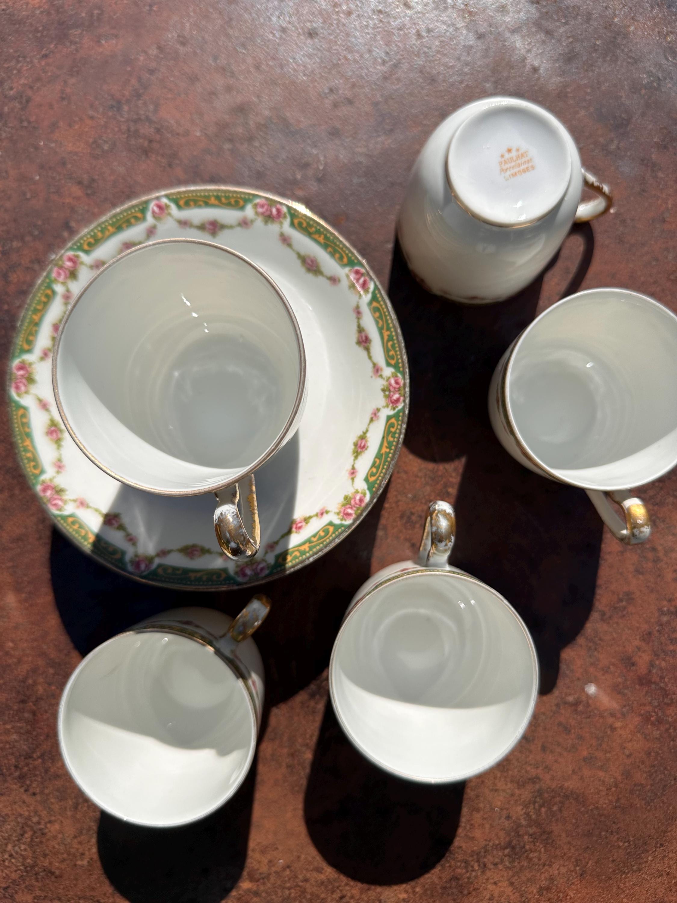 Limoges porcelain coffee set M&D Paulhat – Rose and gold decor
