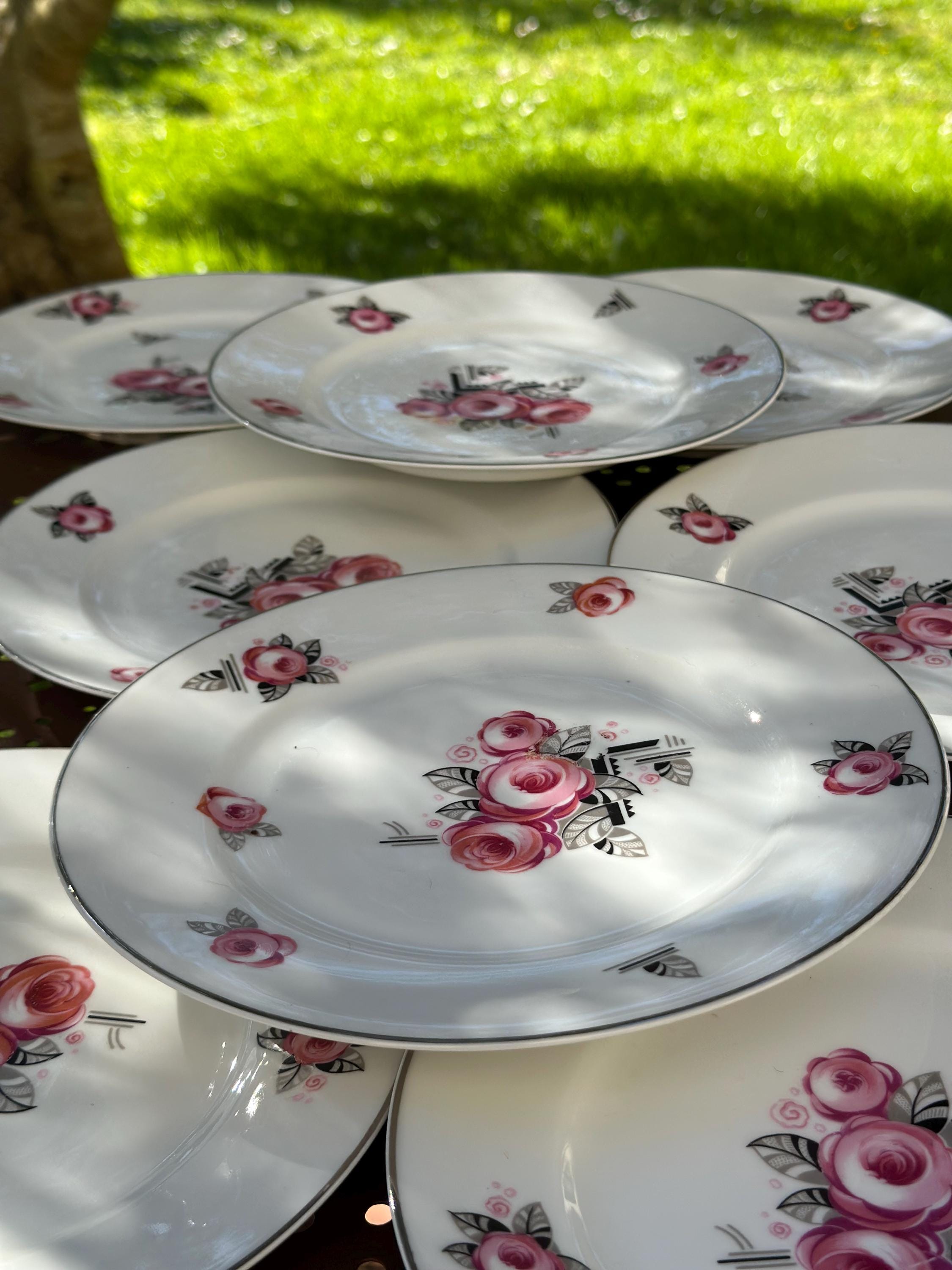 Set of 7 Vintage Limoges Porcelain Plates, Art Deco Rose Pattern