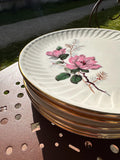 Assiettes Gien modèle «  Chenonceaux »  , bordure travaillée , fleurs roses , années 1960 - campagne chic - lot de 6