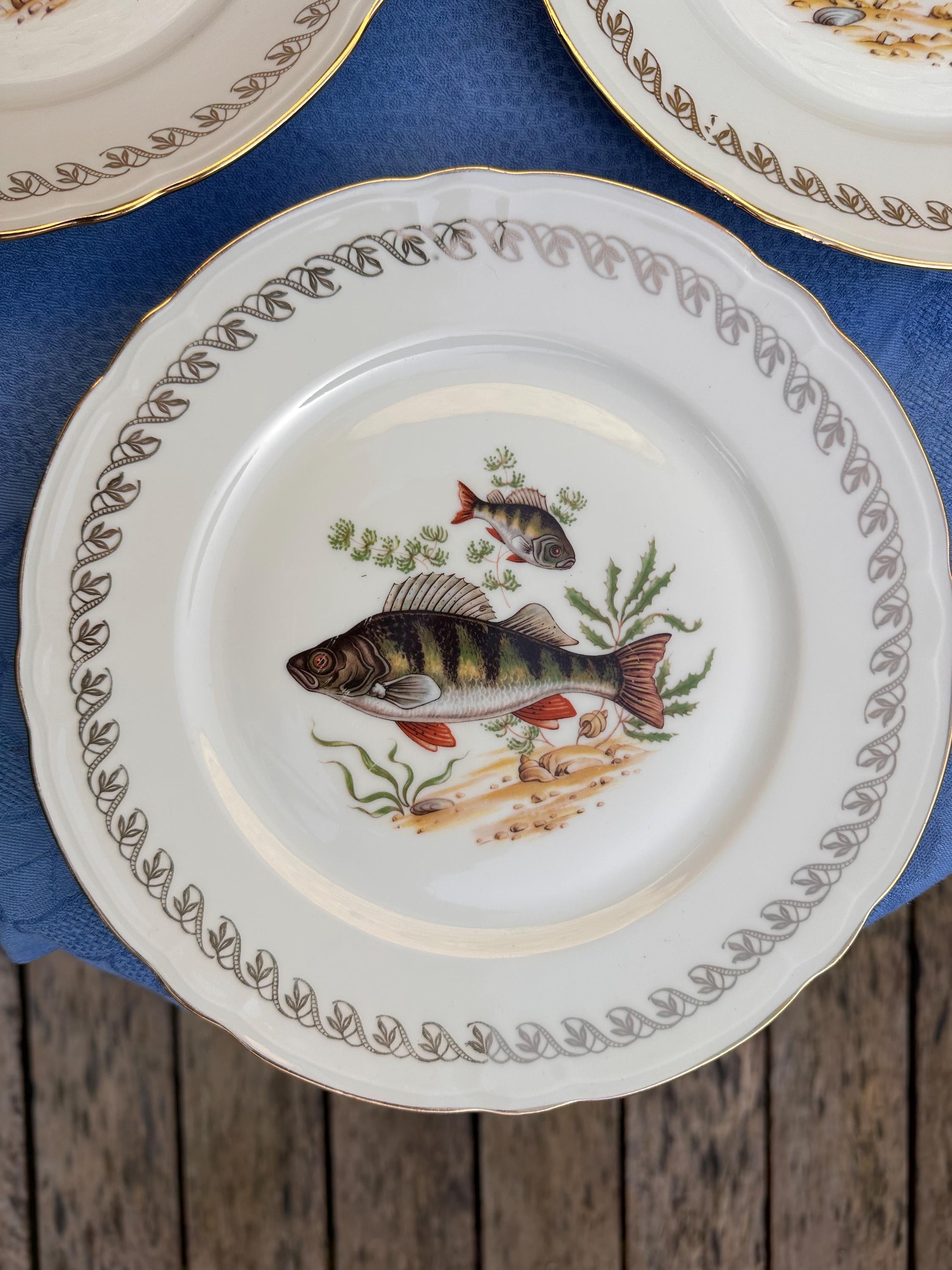 Lot de 3 Assiettes à Poisson Vintage "Le Monde Aquatique", Porcelaine Fine et Dorure