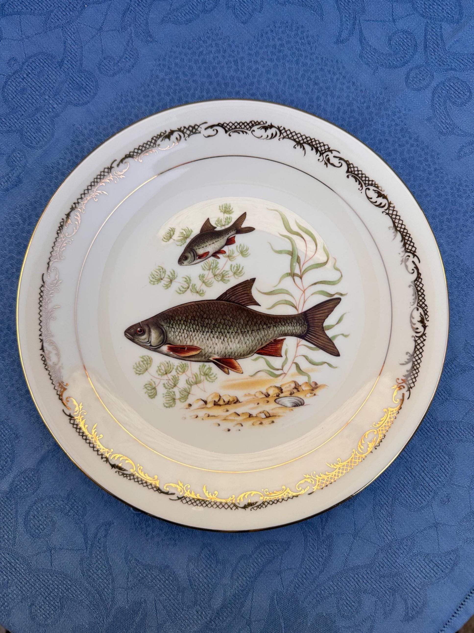 Vintage Limoges Porcelain Fish Plates – Limoges Enamel, Freshwater Fish Motif and Gilt Rim - Set of 7