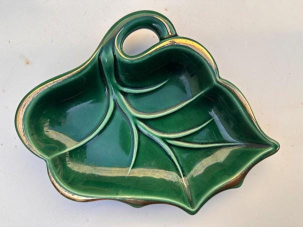 Ravier Coupelle Feuille Vintage -Céramique Vert Émeraude et Or-Vide-poche Années 50 - Made in France - Vallauris Verceram -lot de 2