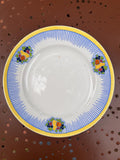Coupe sur pied vintage Boch Belgique – Décor fruits et rayures bleues