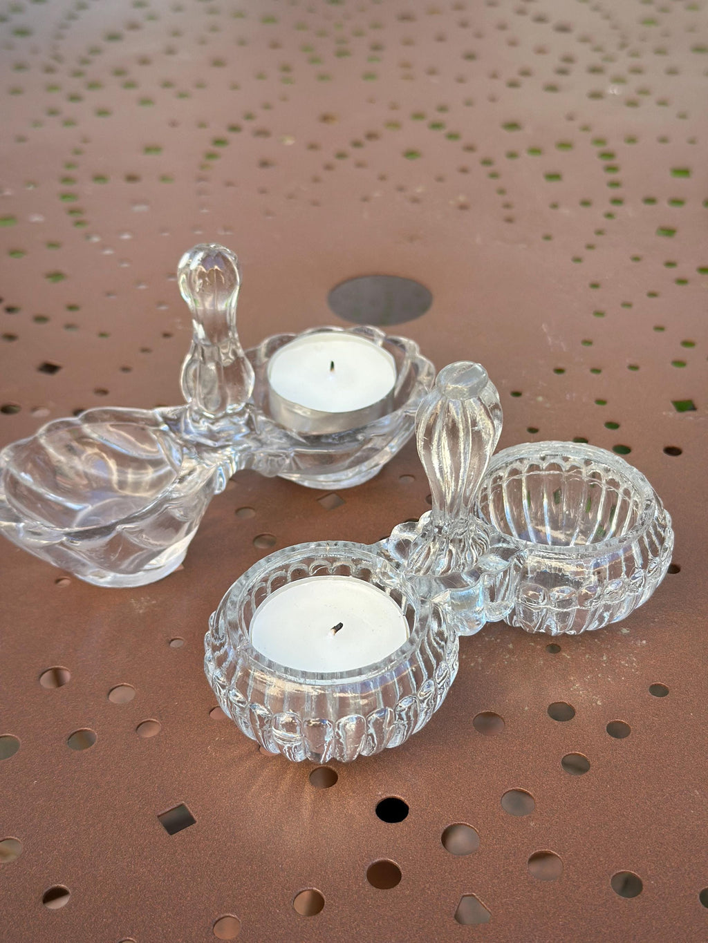 Paire de Salières Doubles en Verre Moulé Portieux – Bougeoirs de Table Rétro