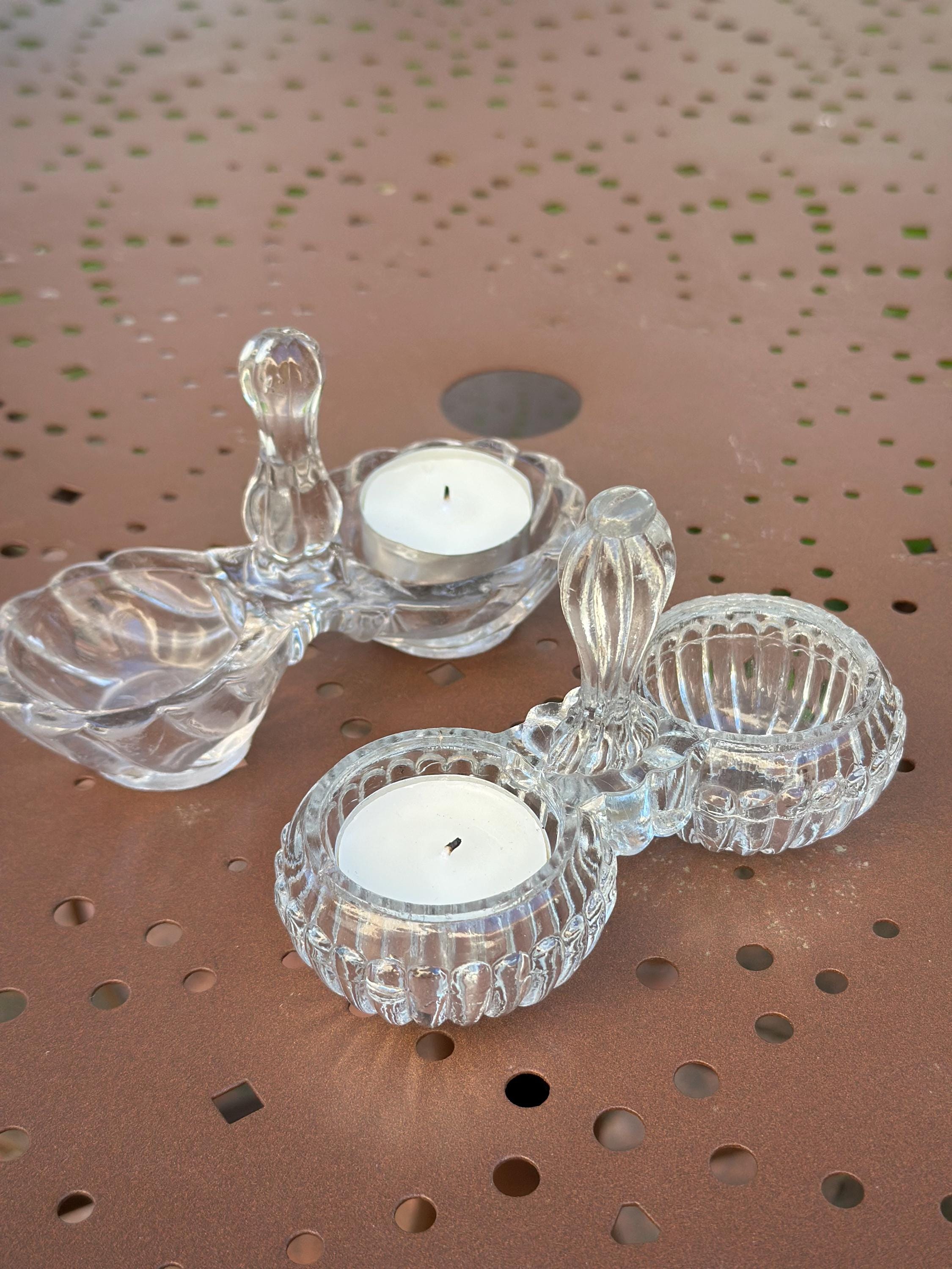 Paire de Salières Doubles en Verre Moulé Portieux – Bougeoirs de Table Rétro
