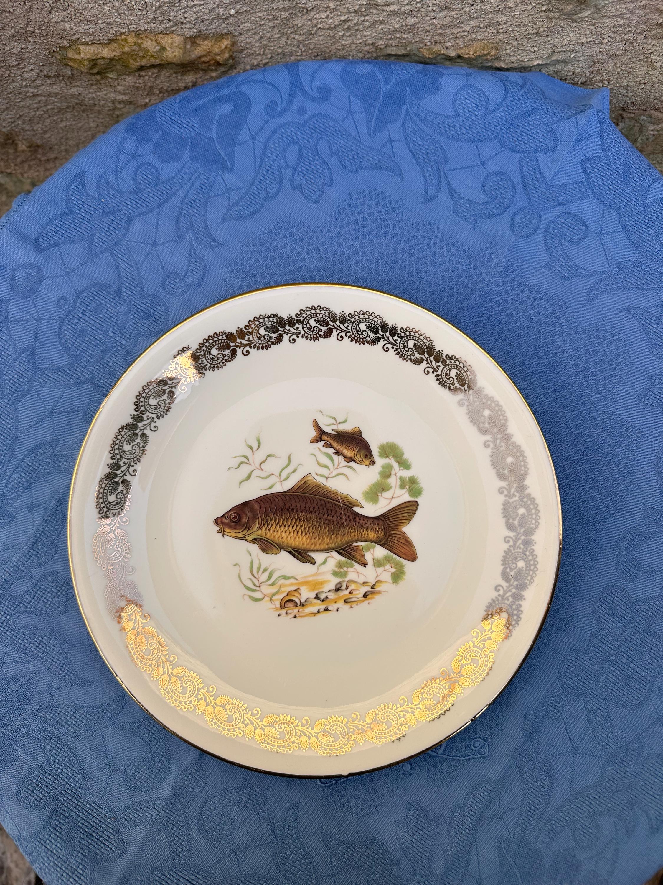 Set of 6 Vintage "Porcelaine de France" Fish Plates with Lace Gilding