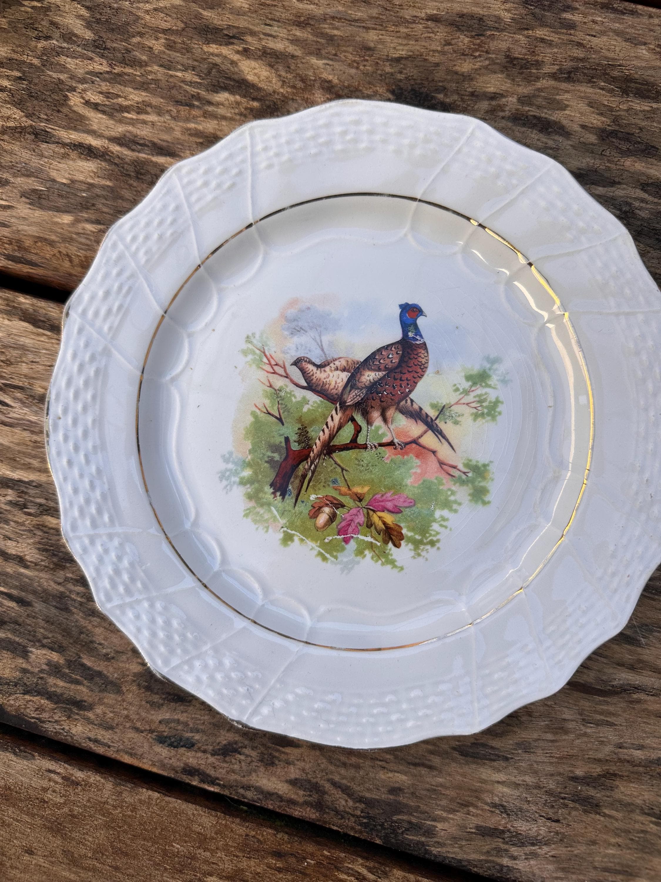 8 antique Moulin des Loups dessert plates – Pheasants design