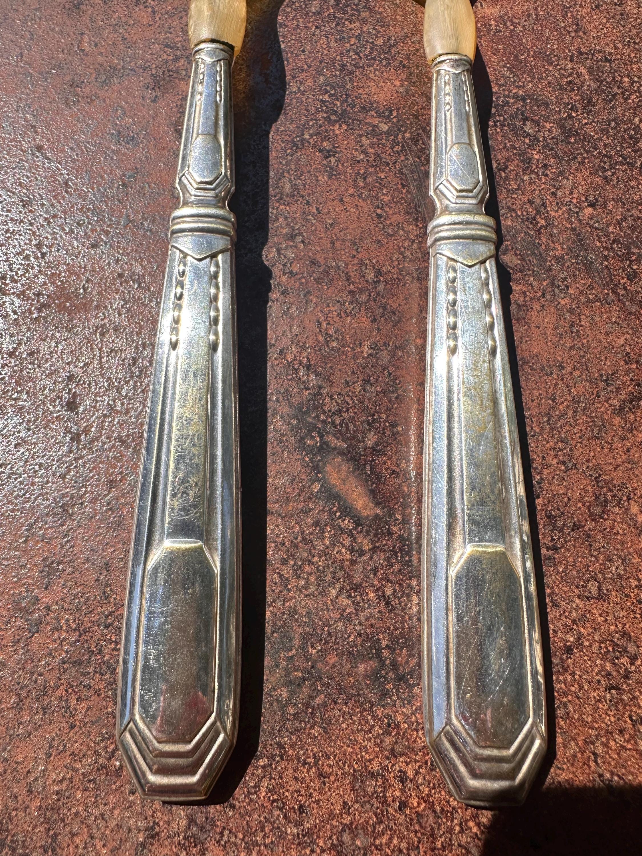 Antique Art Deco Salad Servers - Silver Plated Weighted Handles and Genuine Horn Tops - Chic Vintage Tableware
