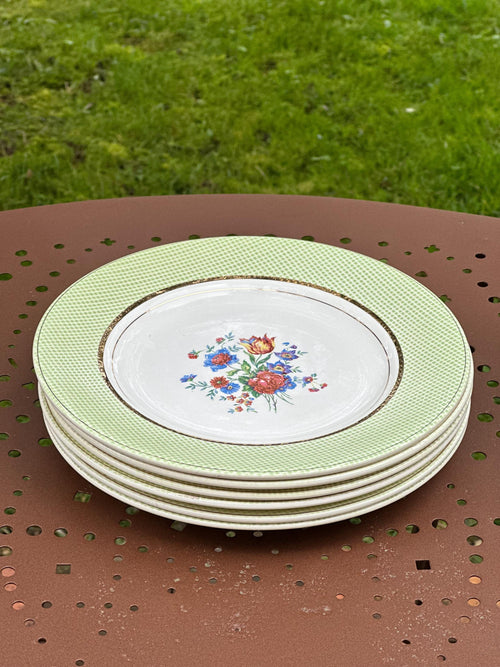 6 assiettes anciennes en Opaceline de Salins – Bordure Vichy