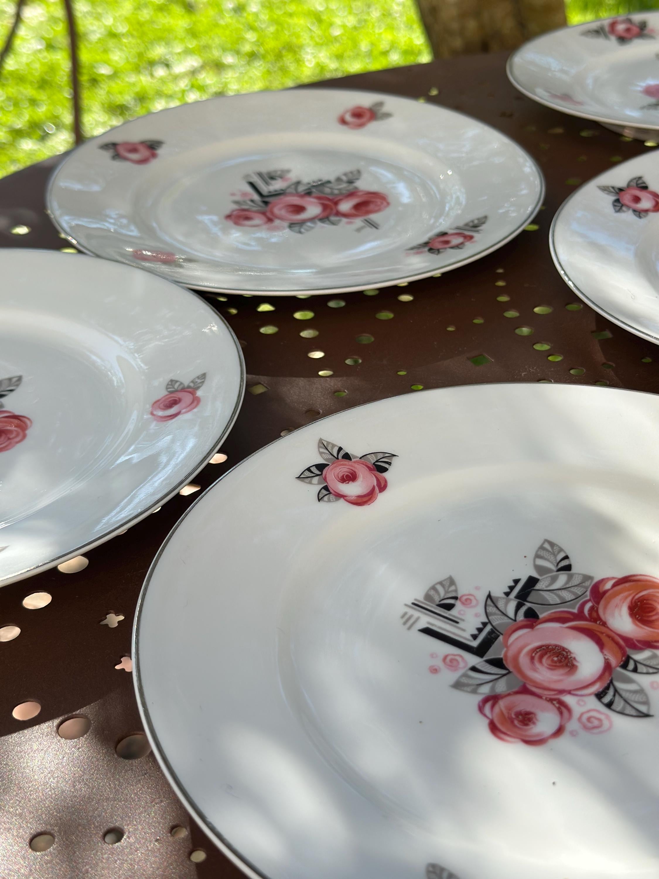 Set of 7 Vintage Limoges Porcelain Plates, Art Deco Rose Pattern