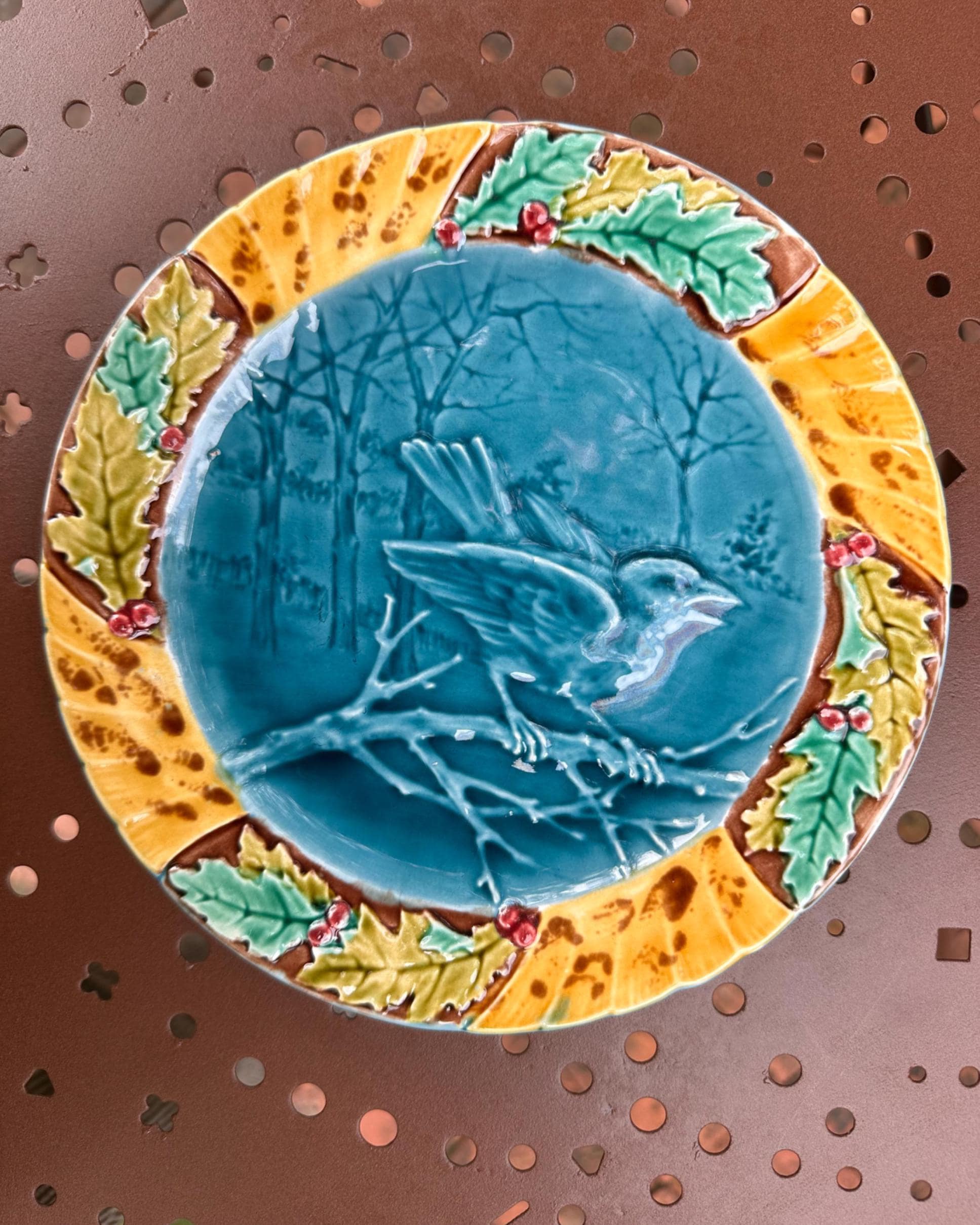 Antique Majolica Faience Plate, Sarreguemines or Onnaing, Bird and Holly Decor, Wall Collection, French 19th Century Vintage