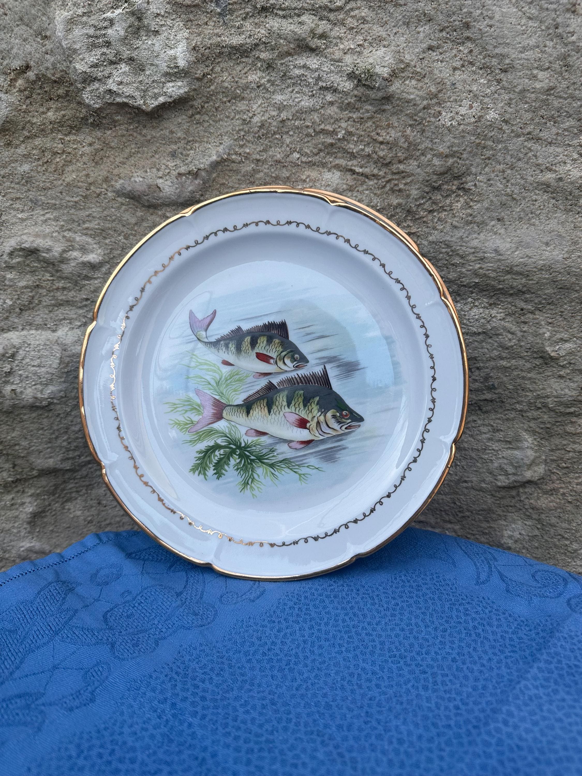6 assiettes à poisson anciennes en porcelaine – Décors aquatiques