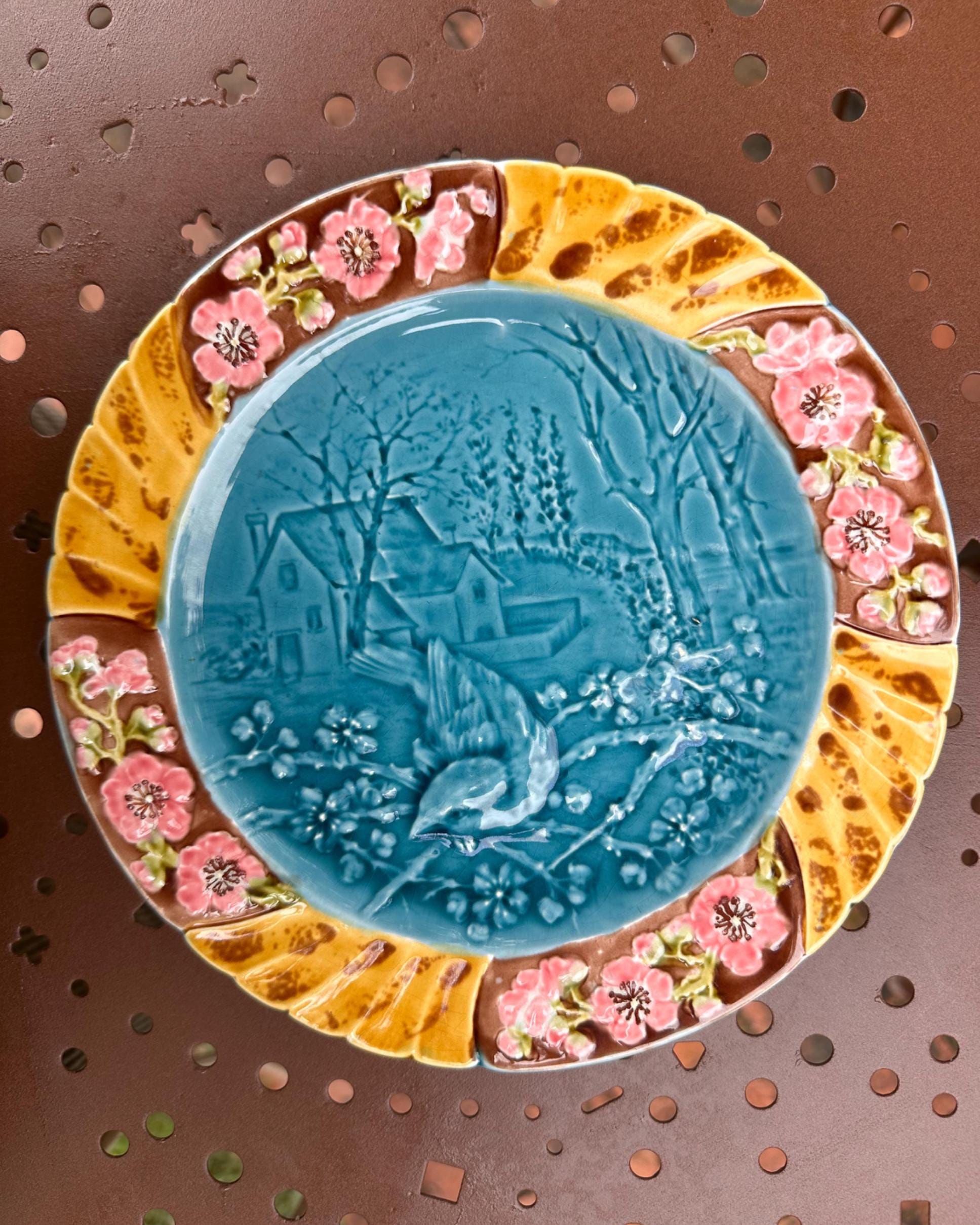 Antique majolica plate – Bird and pink floral relief decoration