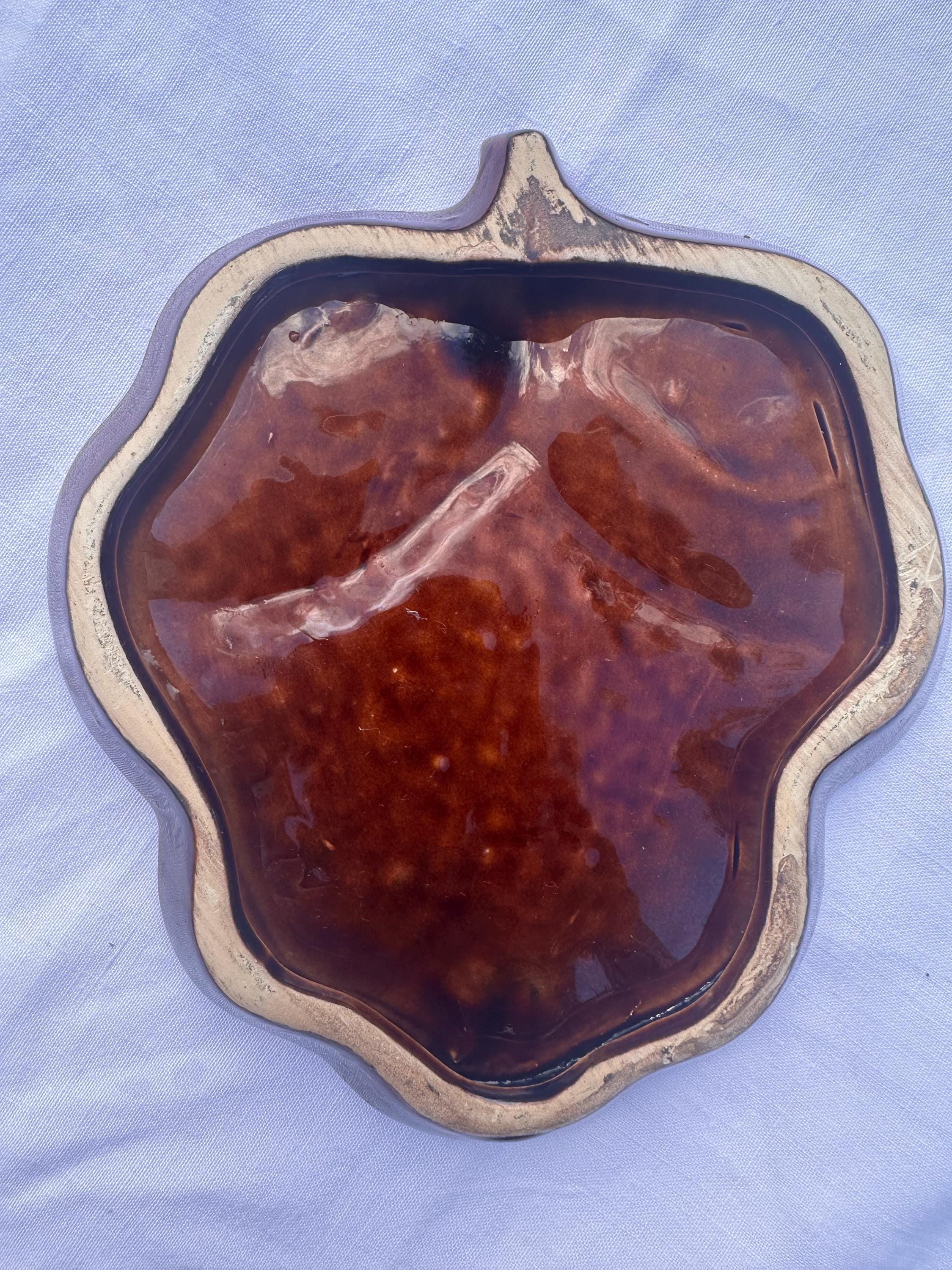 Vintage Ceramic Trinket Dish - Small Appetizer Tray - Poet Laval "Molasses" Glaze - Leaf Shape - 60s/70s - Bohemian Chic Decoration