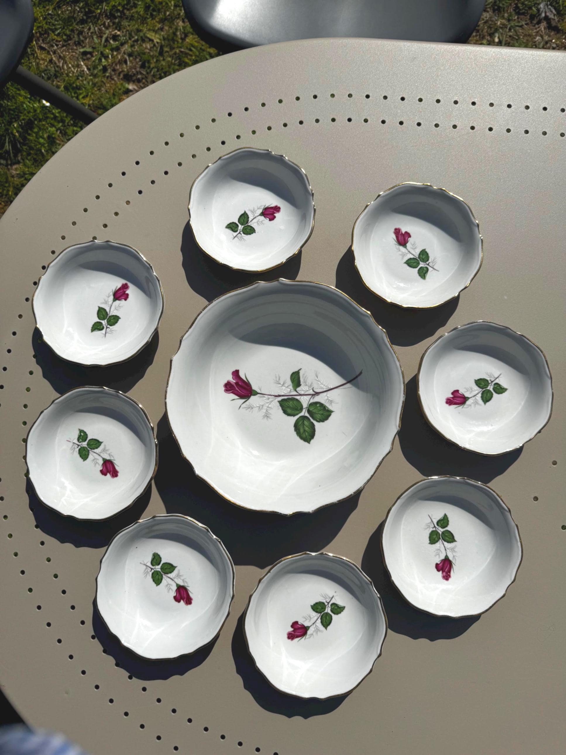 Antique porcelain dessert set – Large salad bowl and 8 small bowls