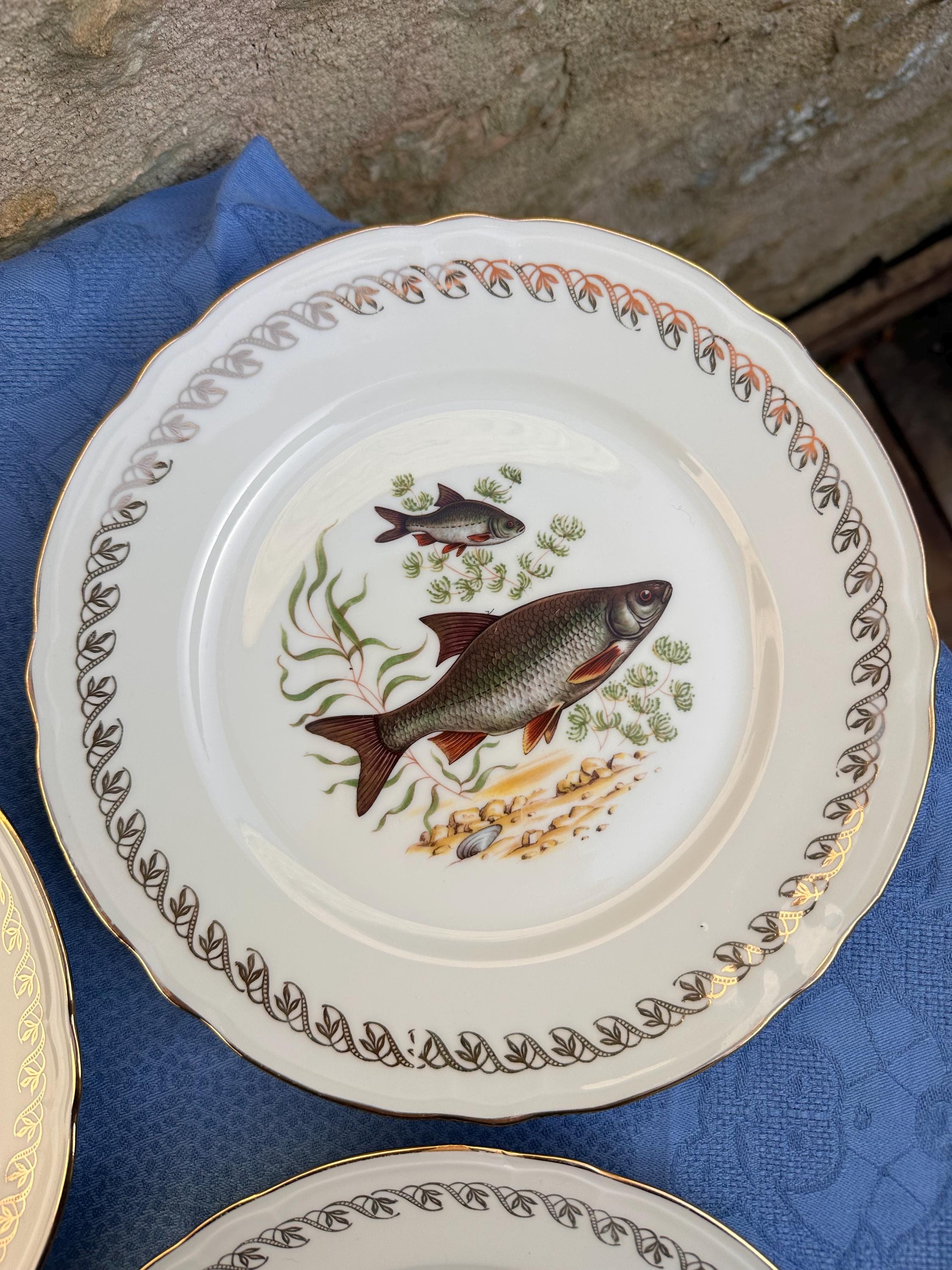 Lot de 3 Assiettes à Poisson Vintage "Le Monde Aquatique", Porcelaine Fine et Dorure