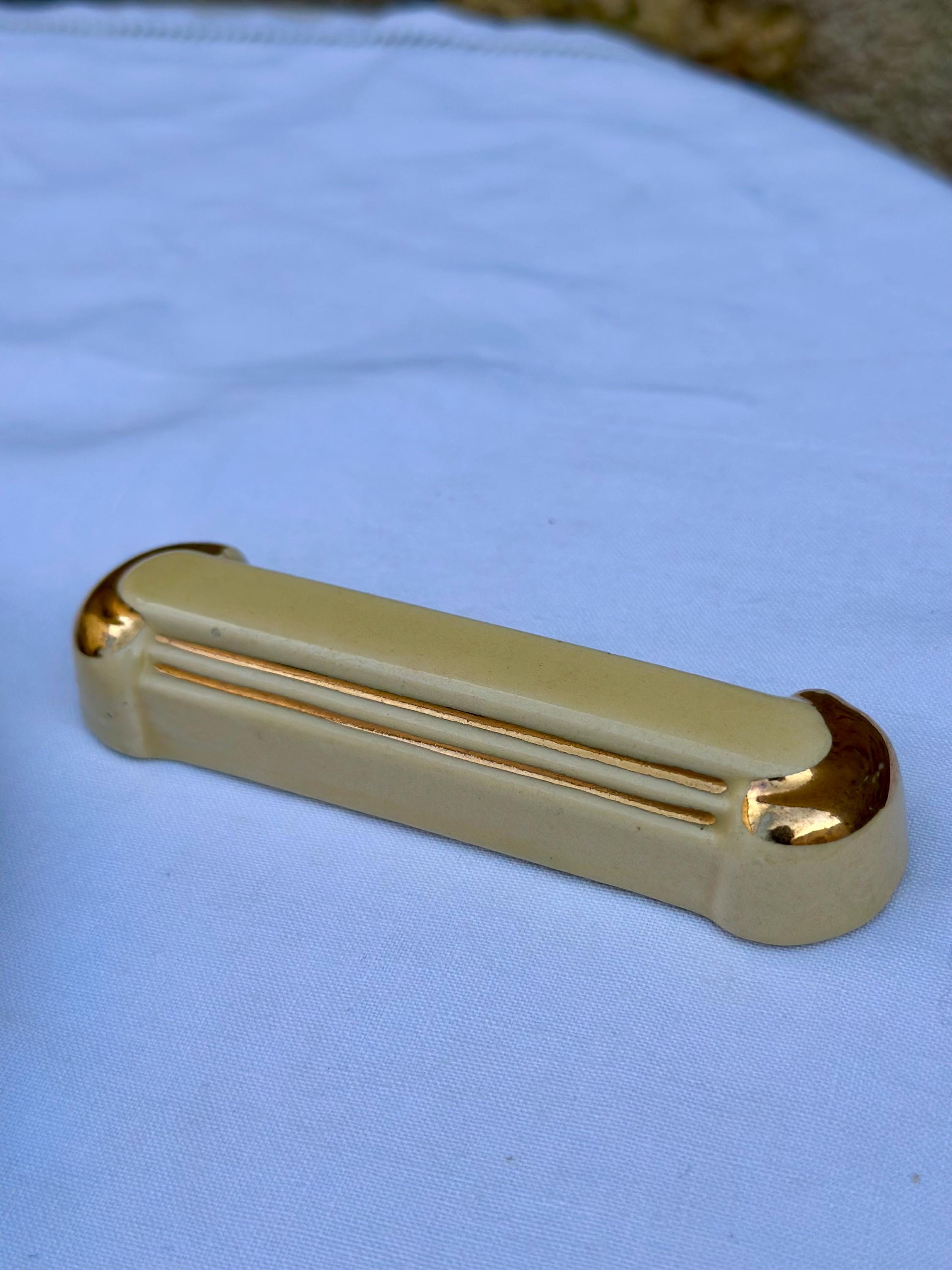 Porte-couteaux Vintage Art Déco – Céramique Beige crème et Liserés Or – Élégance à la Française - lot de 6