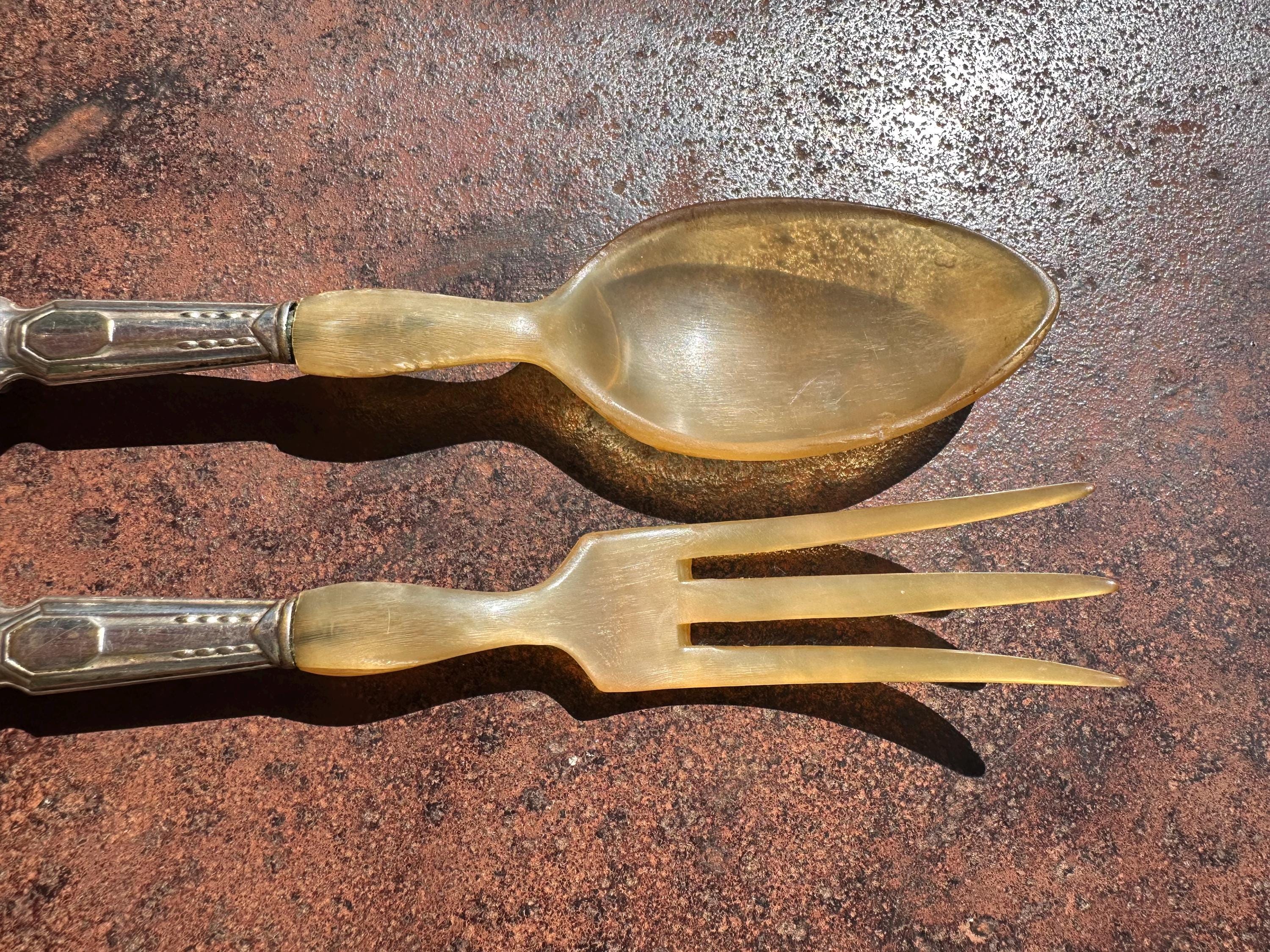 Antique Art Deco Salad Servers - Silver Plated Weighted Handles and Genuine Horn Tops - Chic Vintage Tableware
