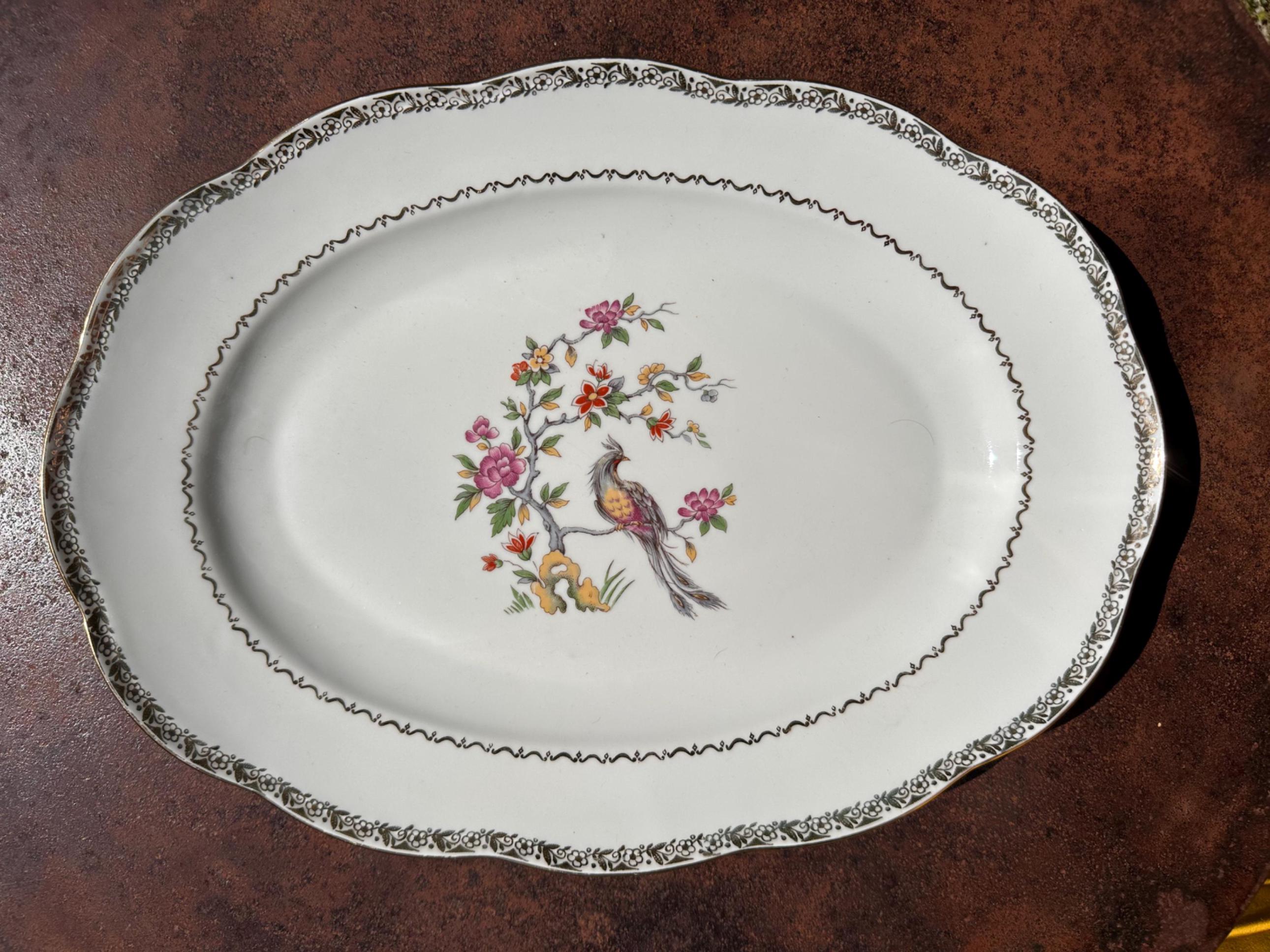 Vintage Serving Dish - Bird of Paradise and Scalloped Gold Rim