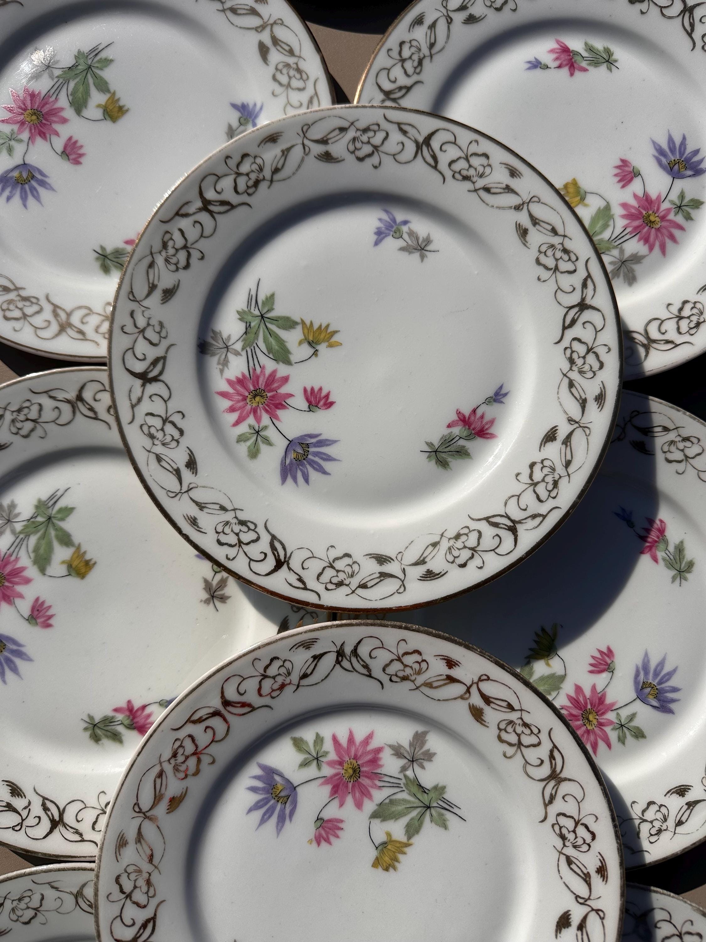 Small Dessert Plates - Limoges Porcelain - Émaux de Mehun - Pink, Blue and Pale Yellow Floral Design - Gold - Vintage France - Set of 8