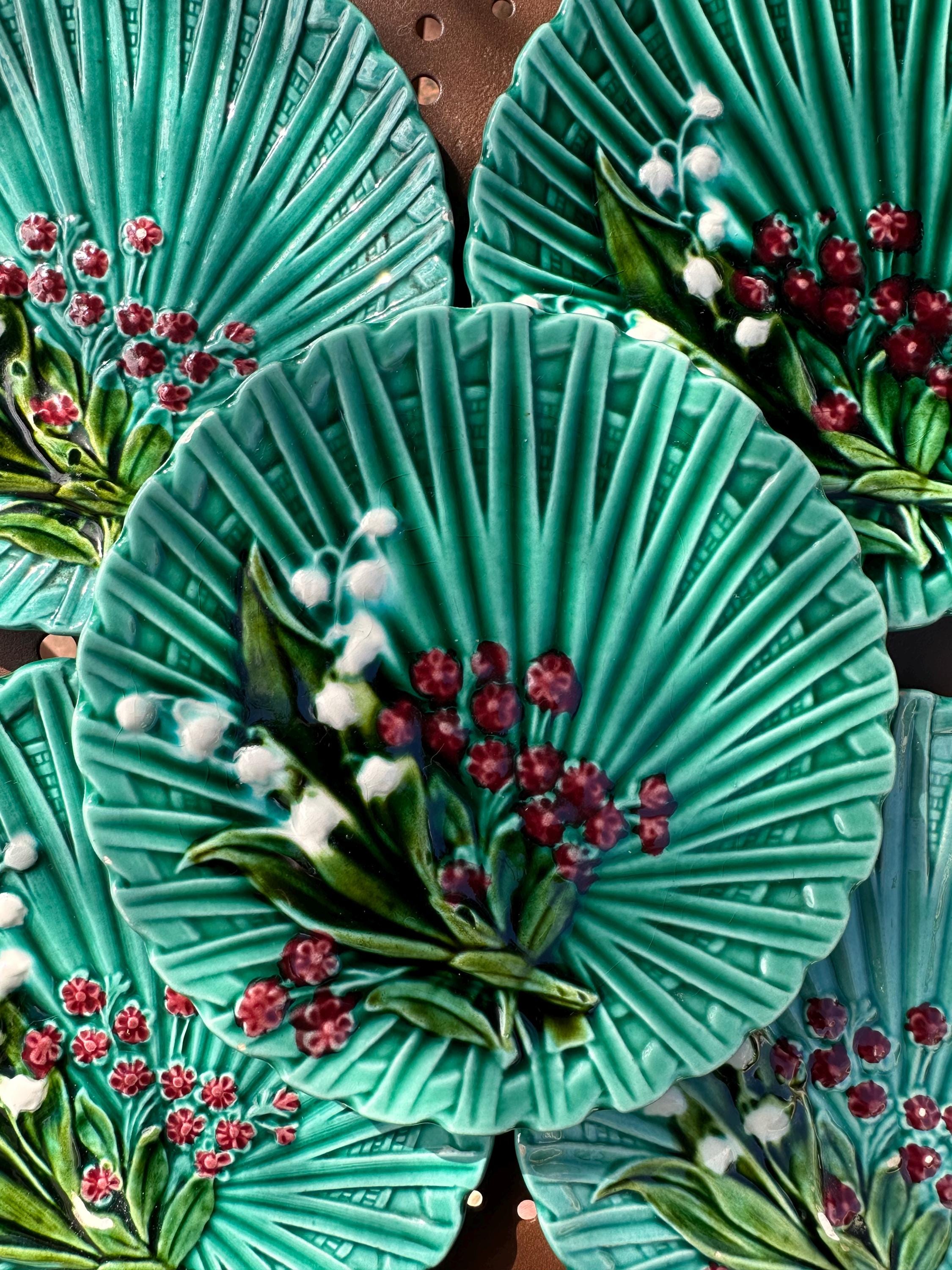 Antique Schramberg majolica plate in green – Lily of the Valley in relief