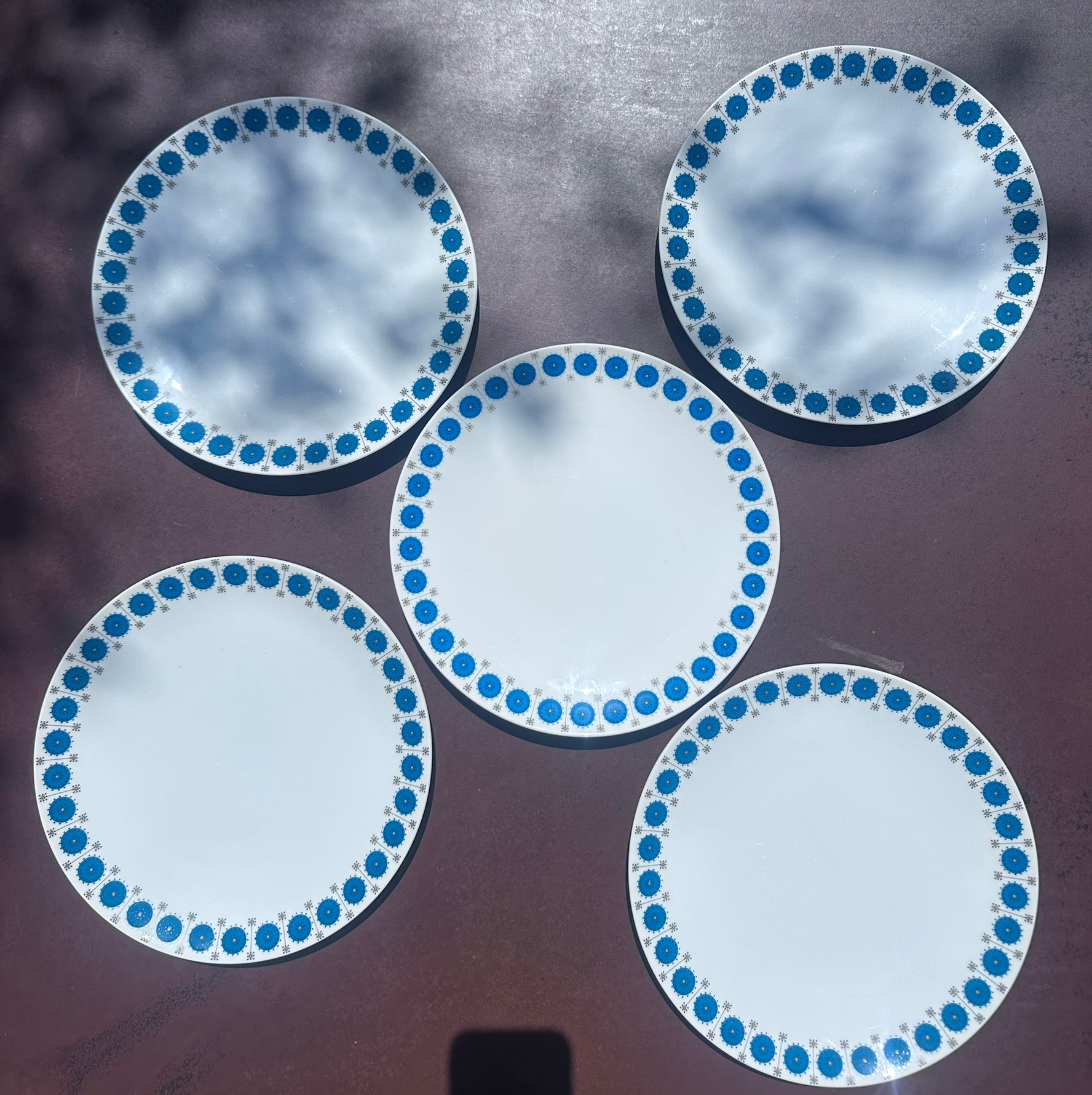 Assiettes Plates Hans Theo Baumann Thomas Germany Vintage Retro Annees 70 Decor Geometrique Rosaces Turquoise Porcelaine Pop lot de 5