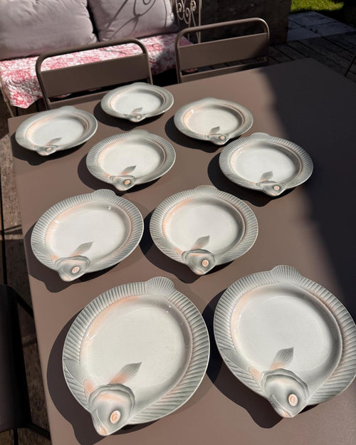 9 Antique Sarreguemines Majolica Fish Plates – Fish-Shaped Earthenware, 20th Century