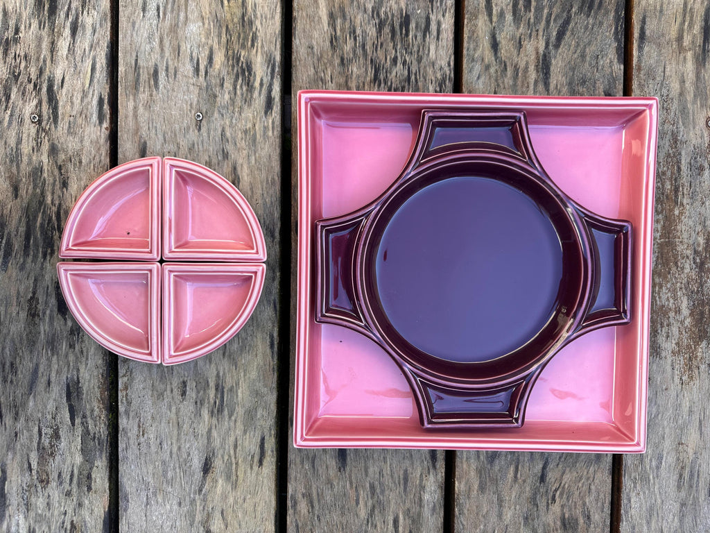 Service apéritif vintage Anthéor – Céramique géométrique rose et prune