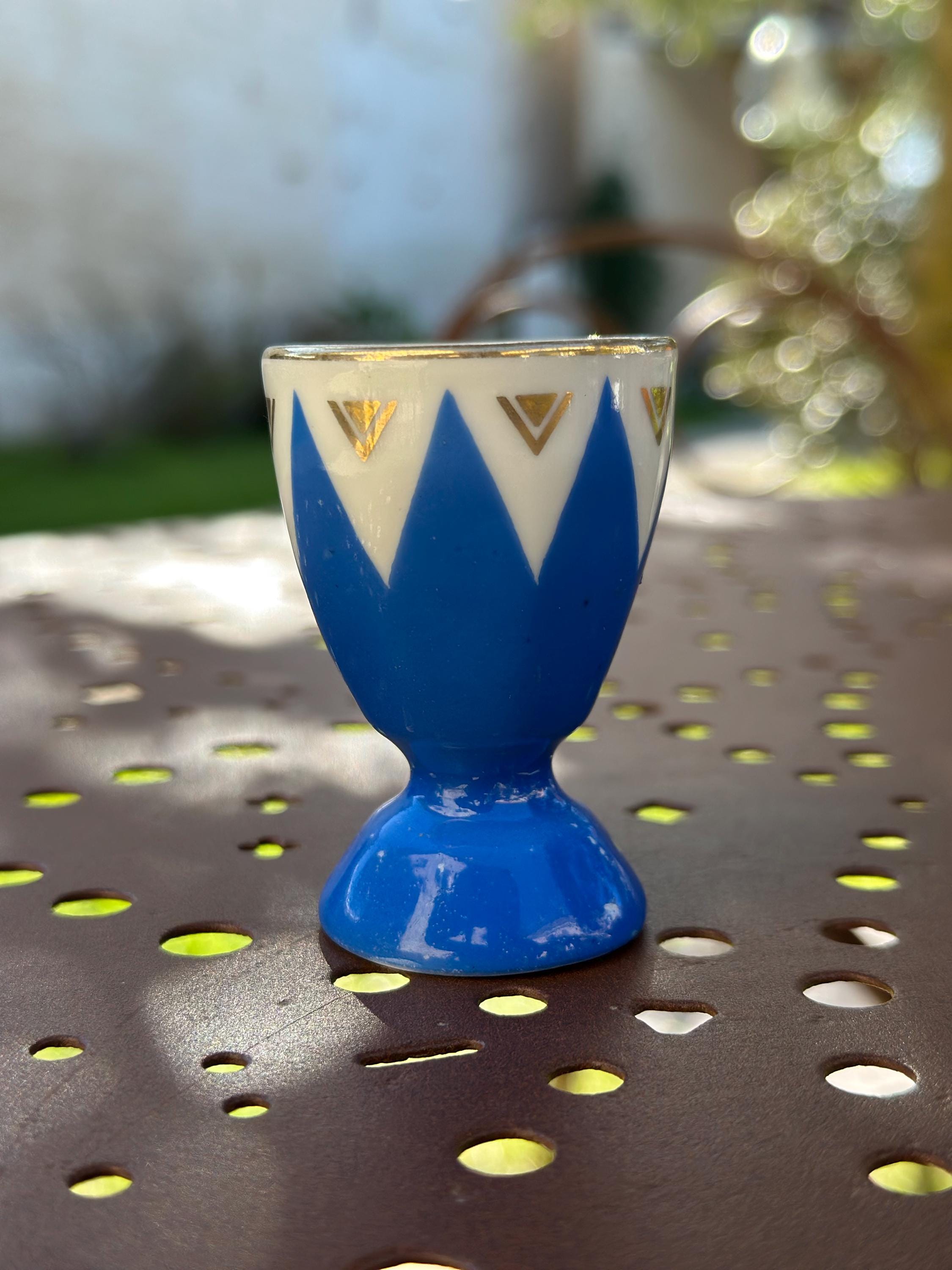Lot de 3 Coquetiers Vintage Art Déco en Porcelaine Bleu et Or