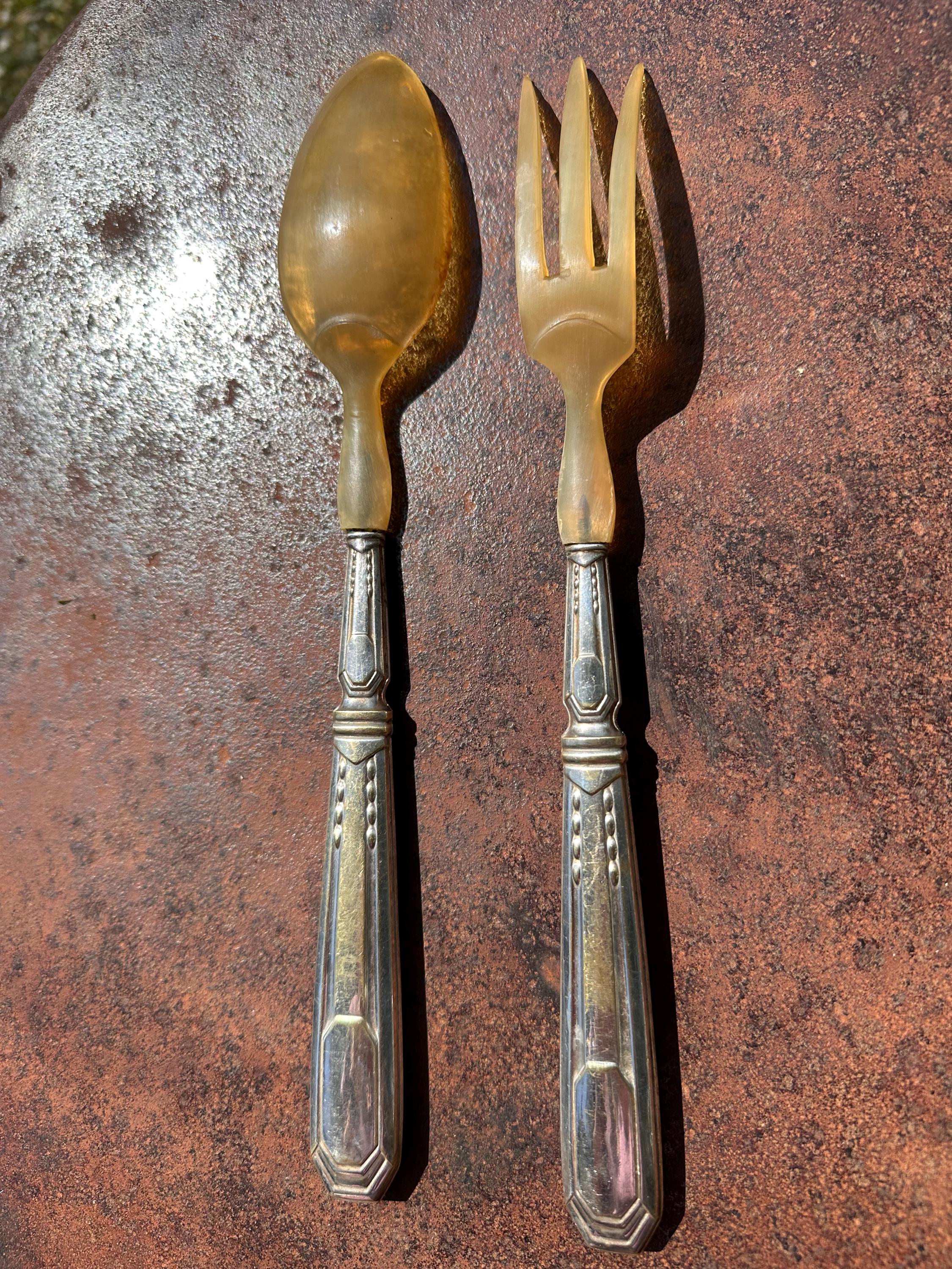 Antique Art Deco Salad Servers - Silver Plated Weighted Handles and Genuine Horn Tops - Chic Vintage Tableware