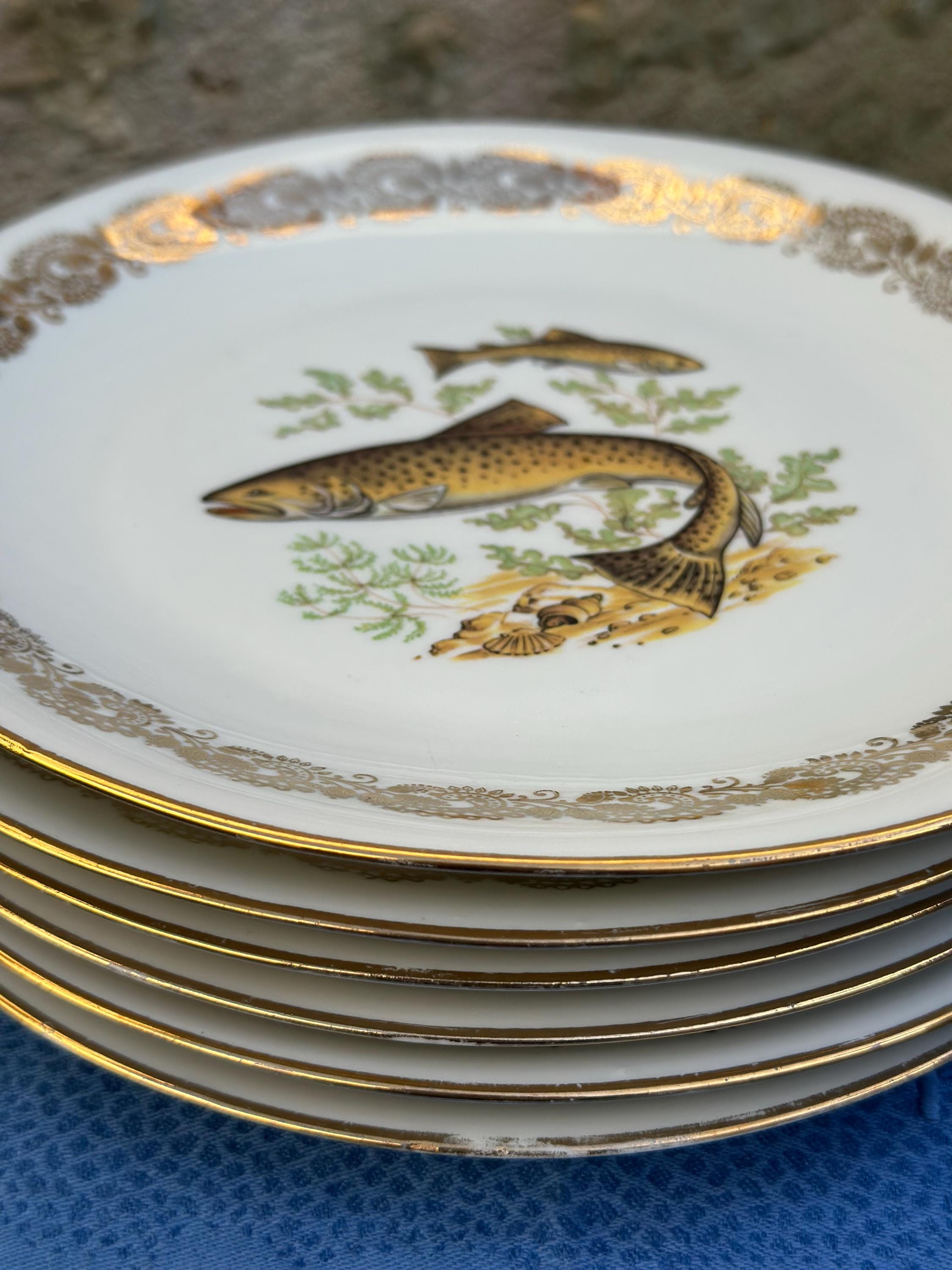 6 assiettes à poisson anciennes en porcelaine – Bordure dentelle dorée